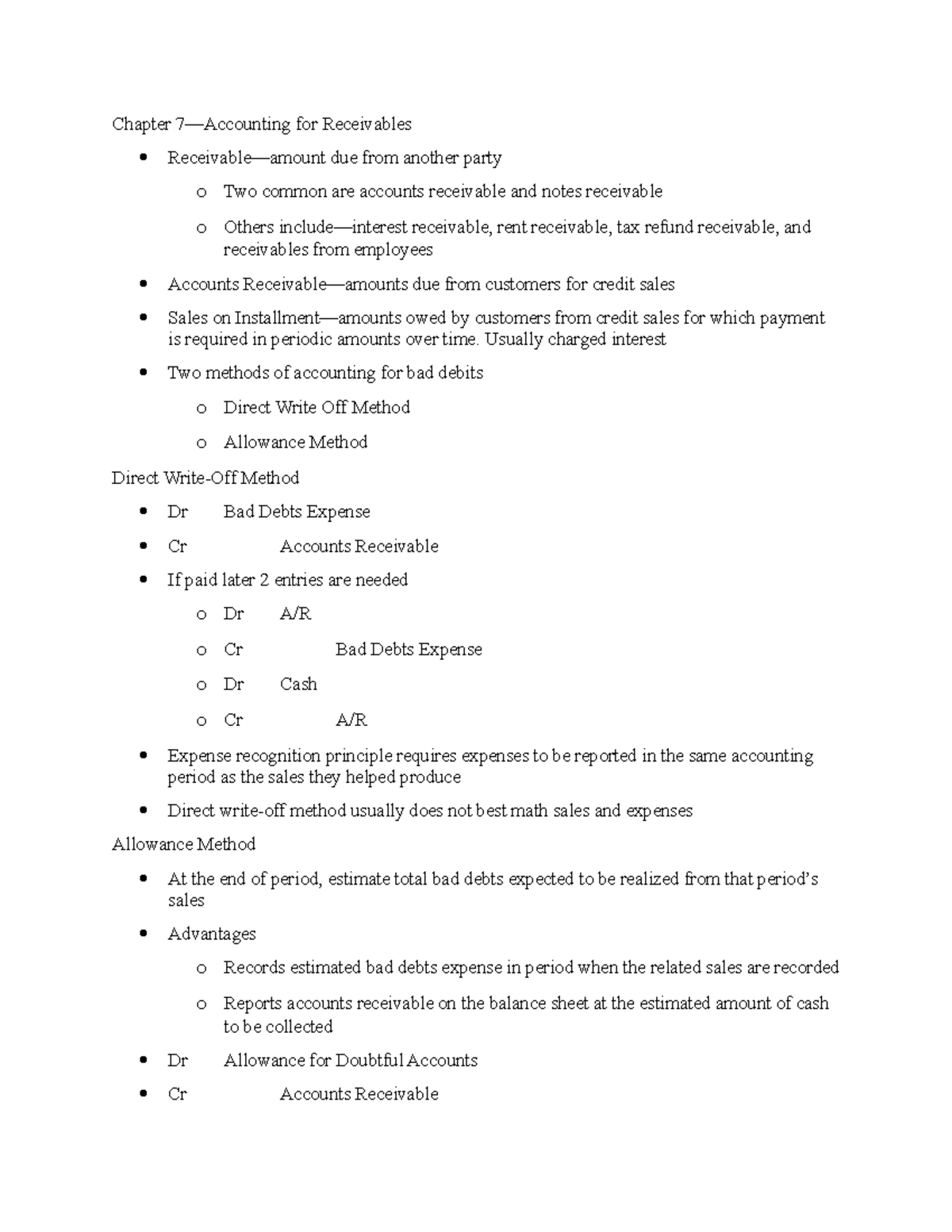 Chapter 7 Notes - Chapter 7—Accounting for Receivables Receivable ...