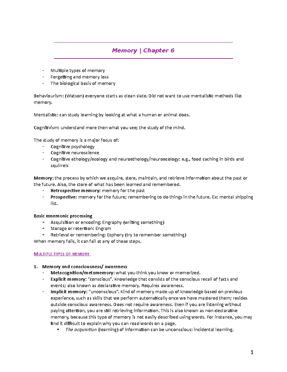 Chapter 6 lecture Notes Included Memory Chapter 6 Multiple Types