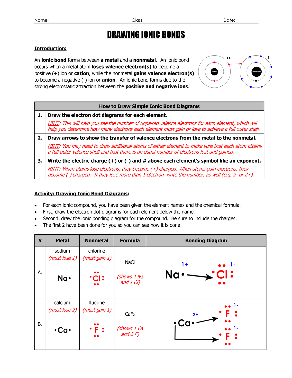 WS - Drawing Ionic Bond Diagrams PDF - Name: Class: Date: DRAWING Intended For Ionic Bonding Worksheet Key