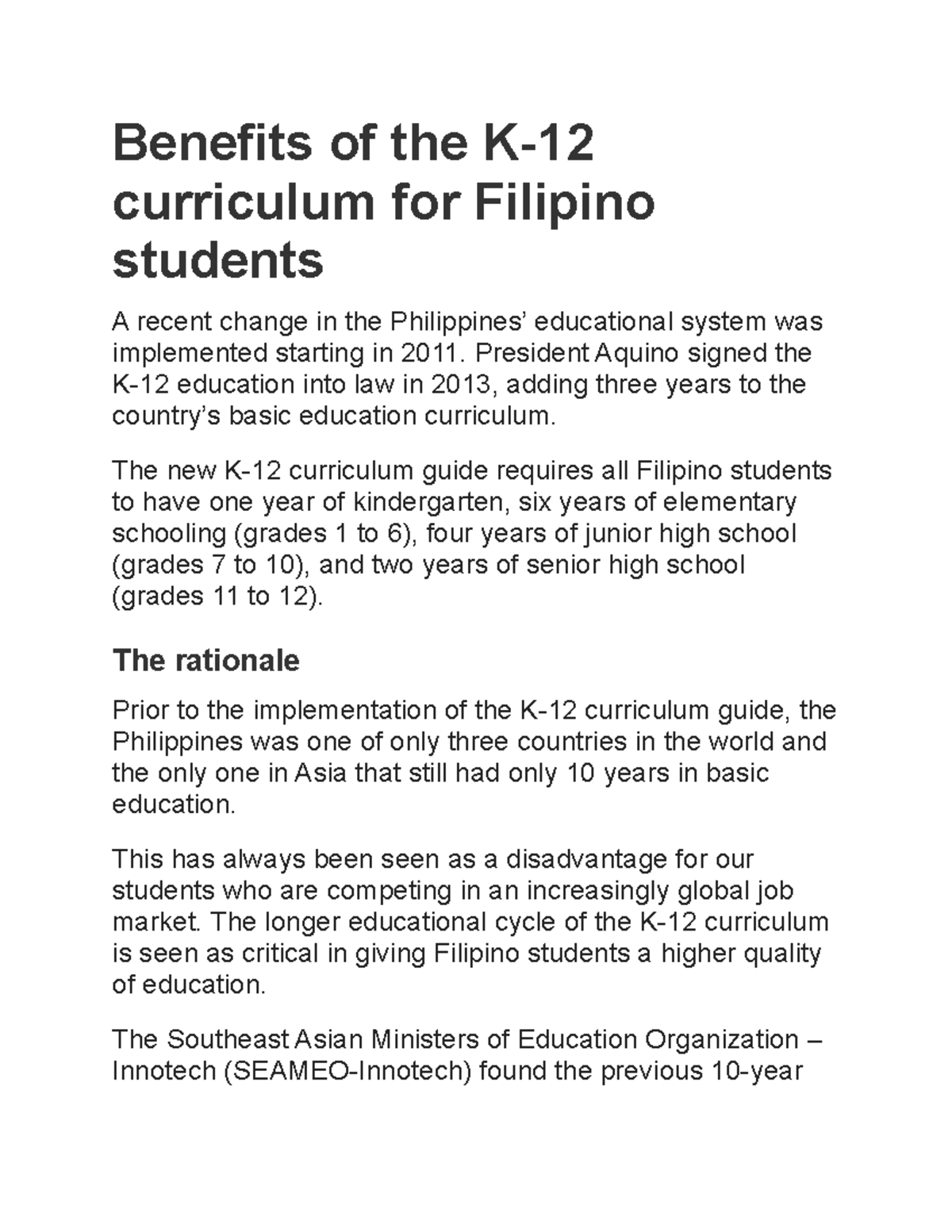 Benefits of the K 12 curriculum for Fili Benefits of the K