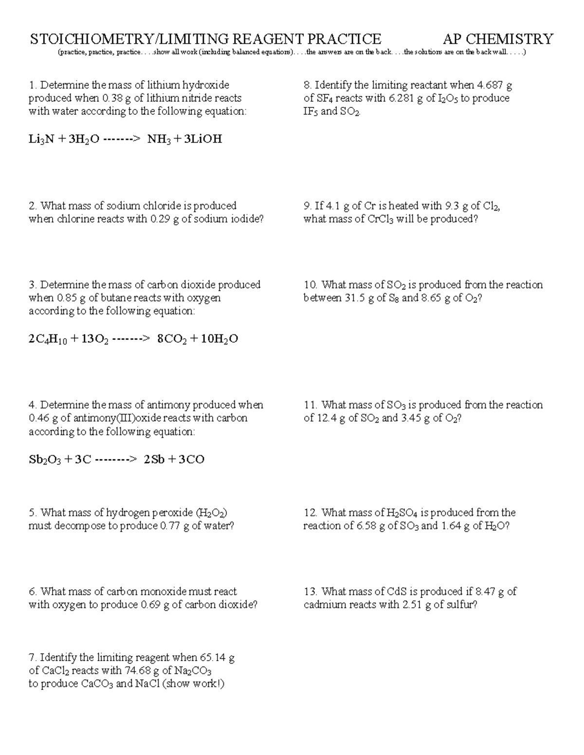 AP Chem Limiting Reagent Practice - STOICHIOMETRY/LIMITING REAGENT ...