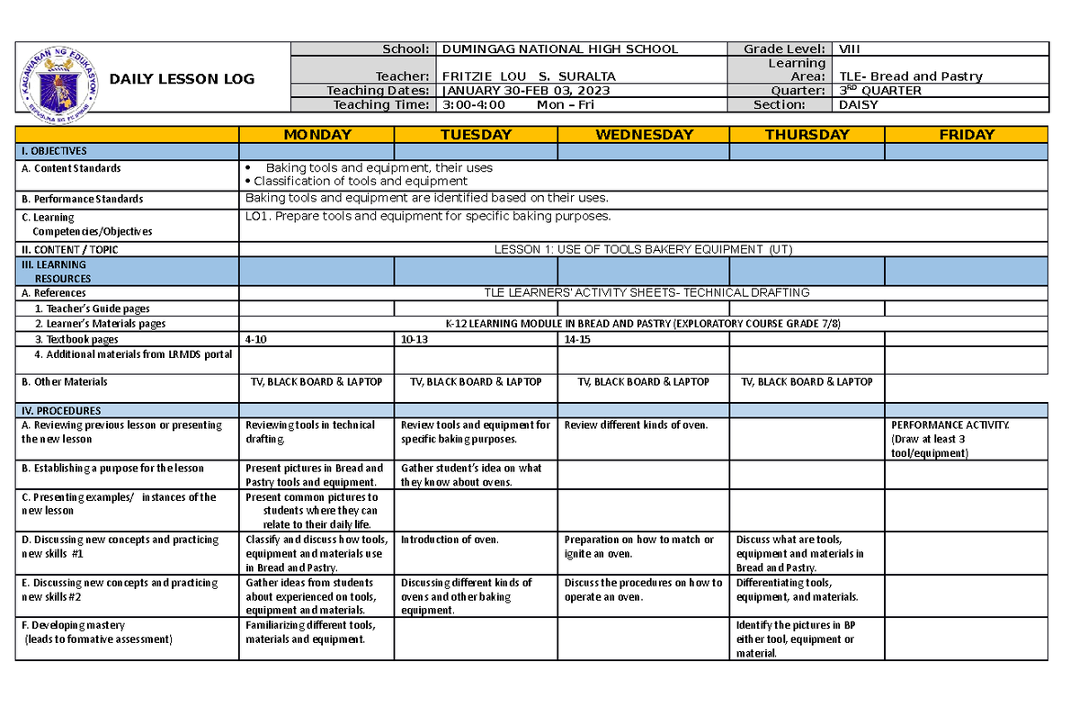 DLL- Unified BP8 W1 - BREAD AND PASTRY 7 - DAILY LESSON LOG School ...