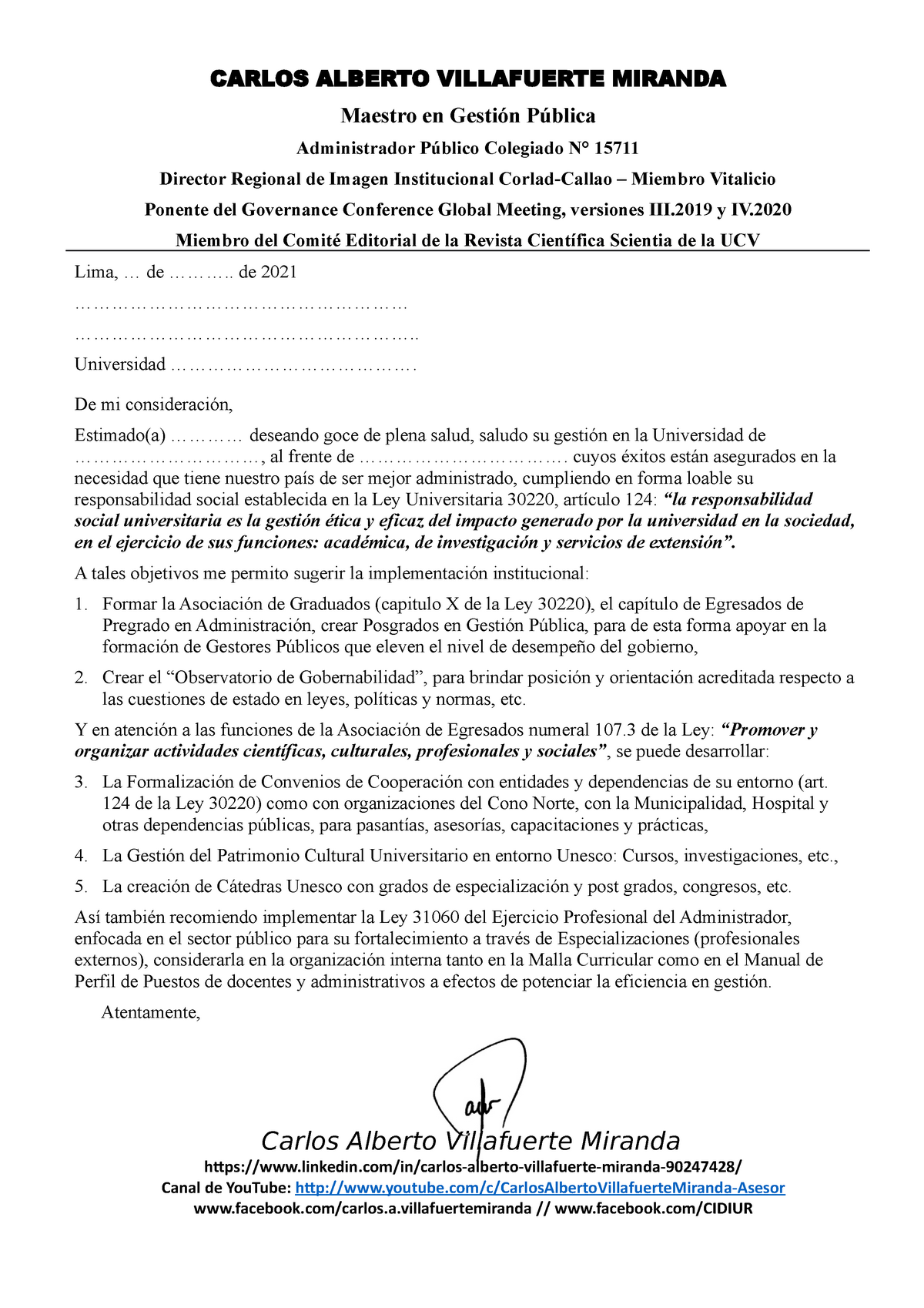 Modelo De Carta A Universidades 2021 Ley 30220 Y Ley 31060 Carlos Alberto Villafuerte Miranda 7803