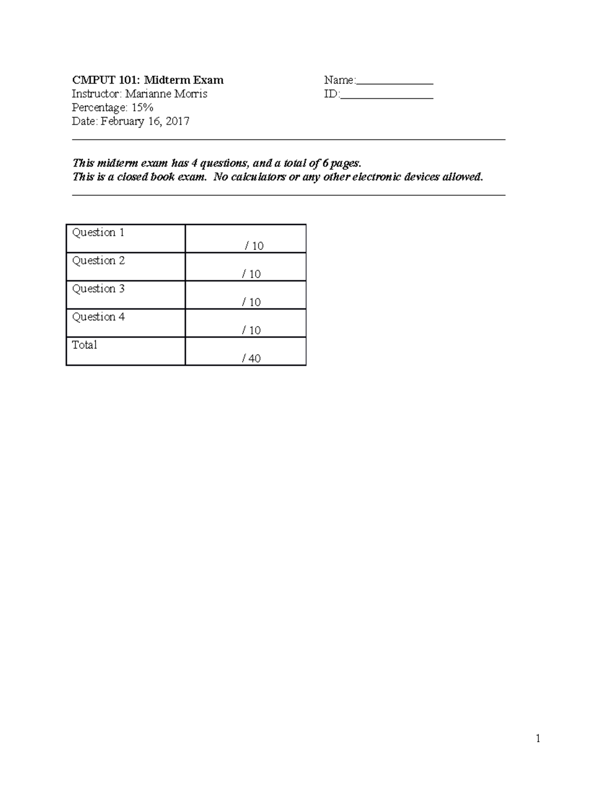 Midterm 13 September Winter 2017, questions and answers - CMPUT 101 ...
