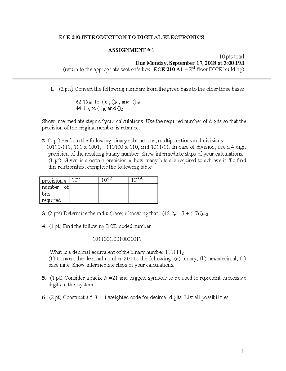 Assignment#1 - Lecture notes 1 - ECE 210 INTRODUCTION TO DIGITAL ...