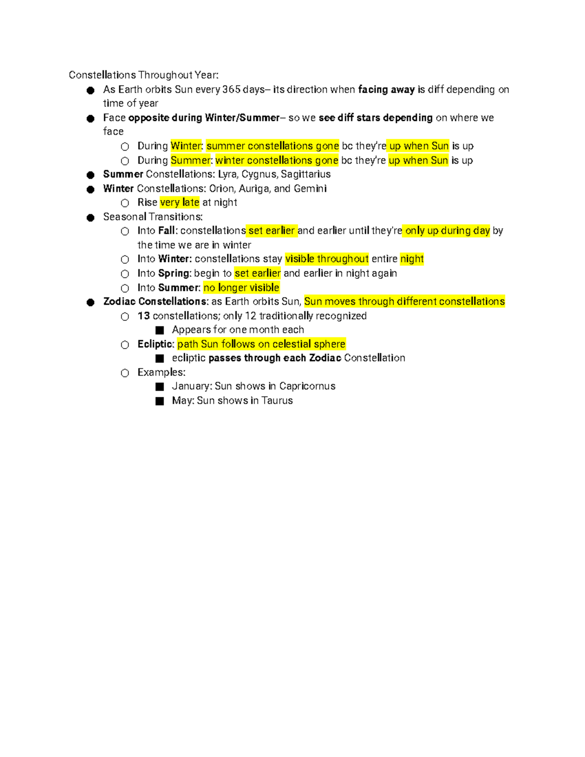Week 06 Reading Notes - Constellations Throughout Year: As Earth orbits ...