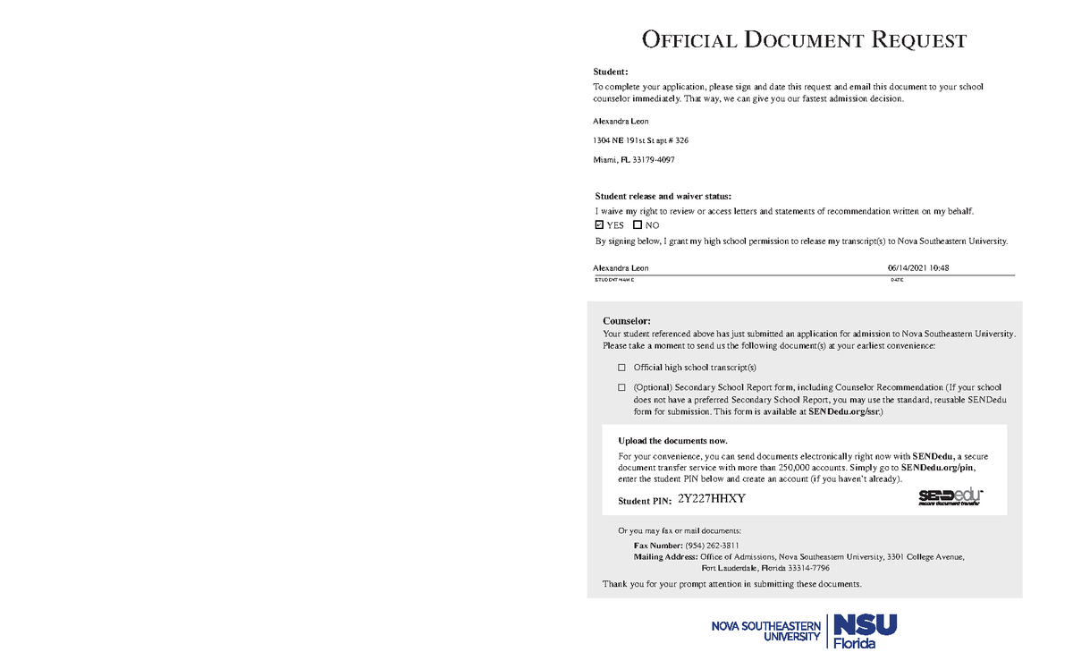 Nova Southeastern University ltr - Student release and waiver status: I ...