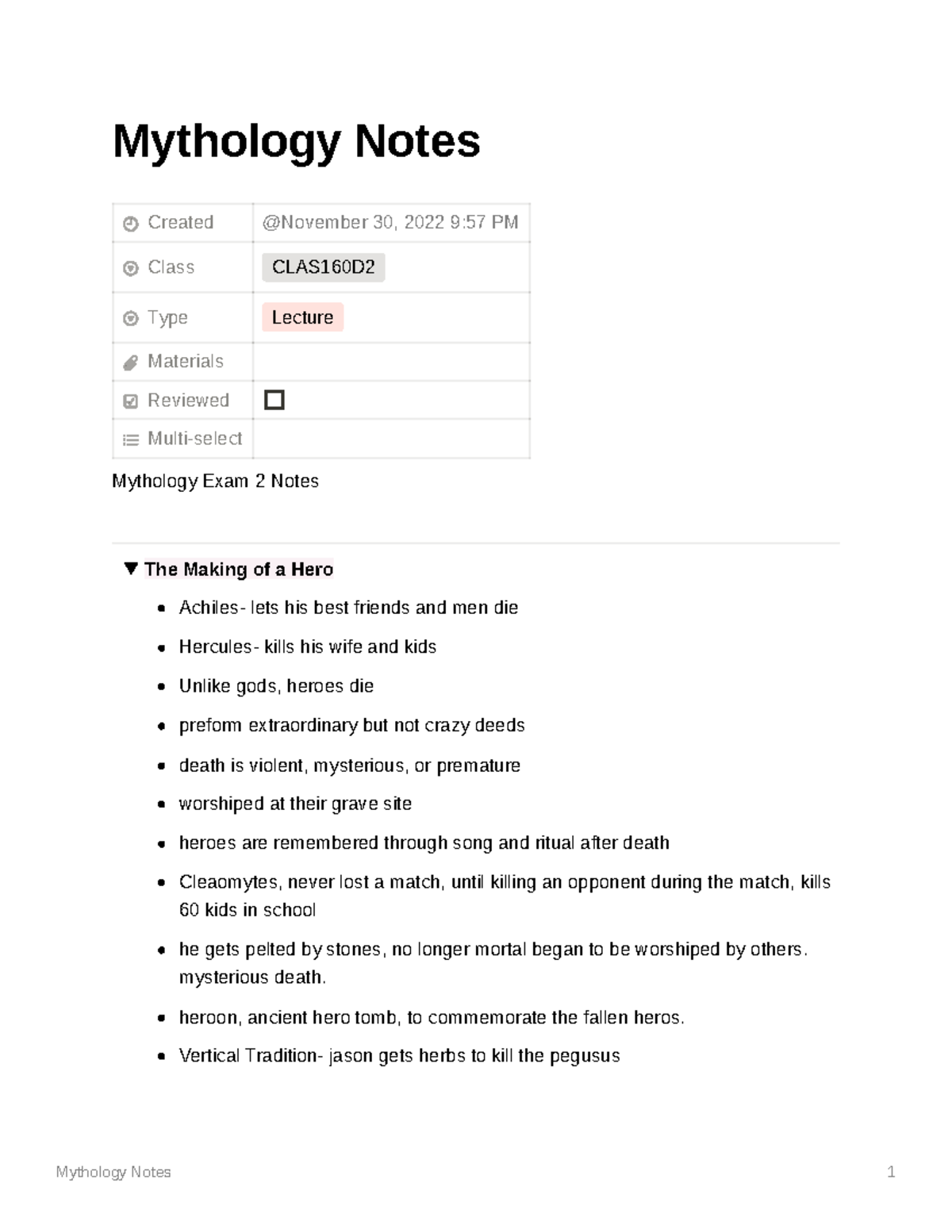 Mythology Notes Exam 2 - Mythology Notes Created Class CLAS160D Type ...