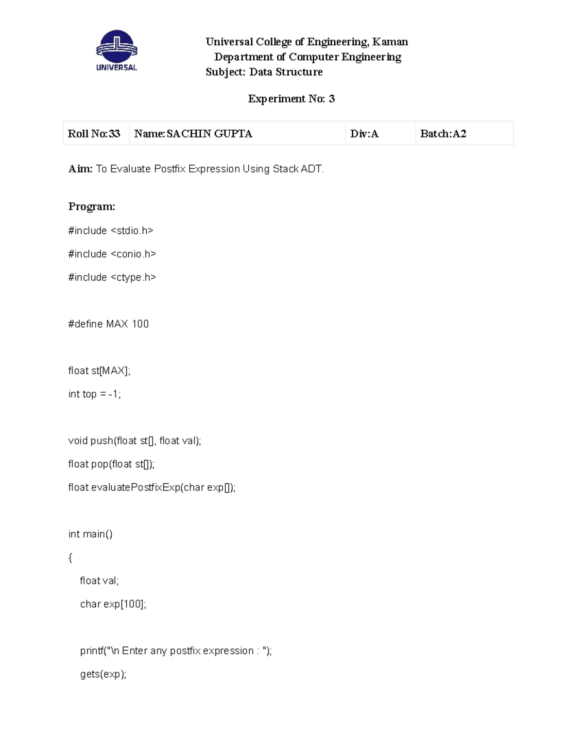 DS to evaluate an postfix expression using stack adt - Department of ...