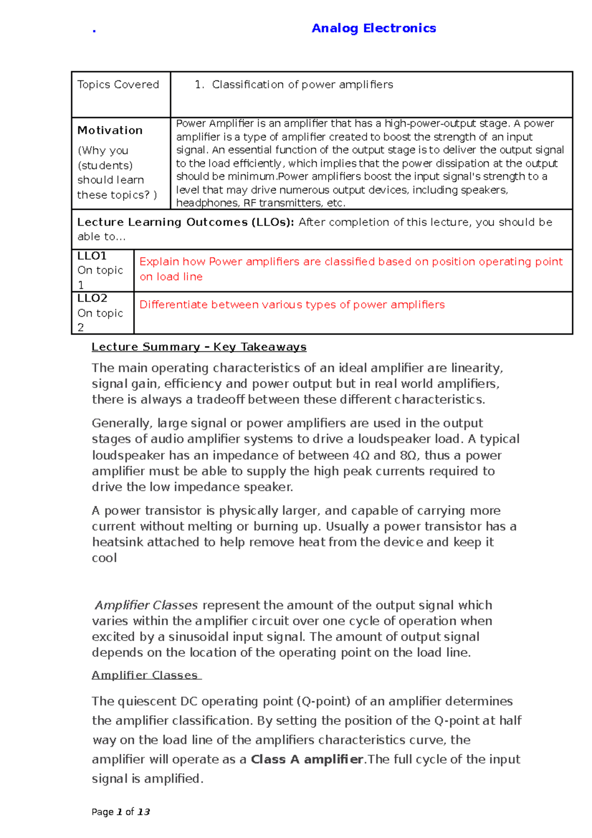Classification of power amplifiers Topics Covered 1. Classification