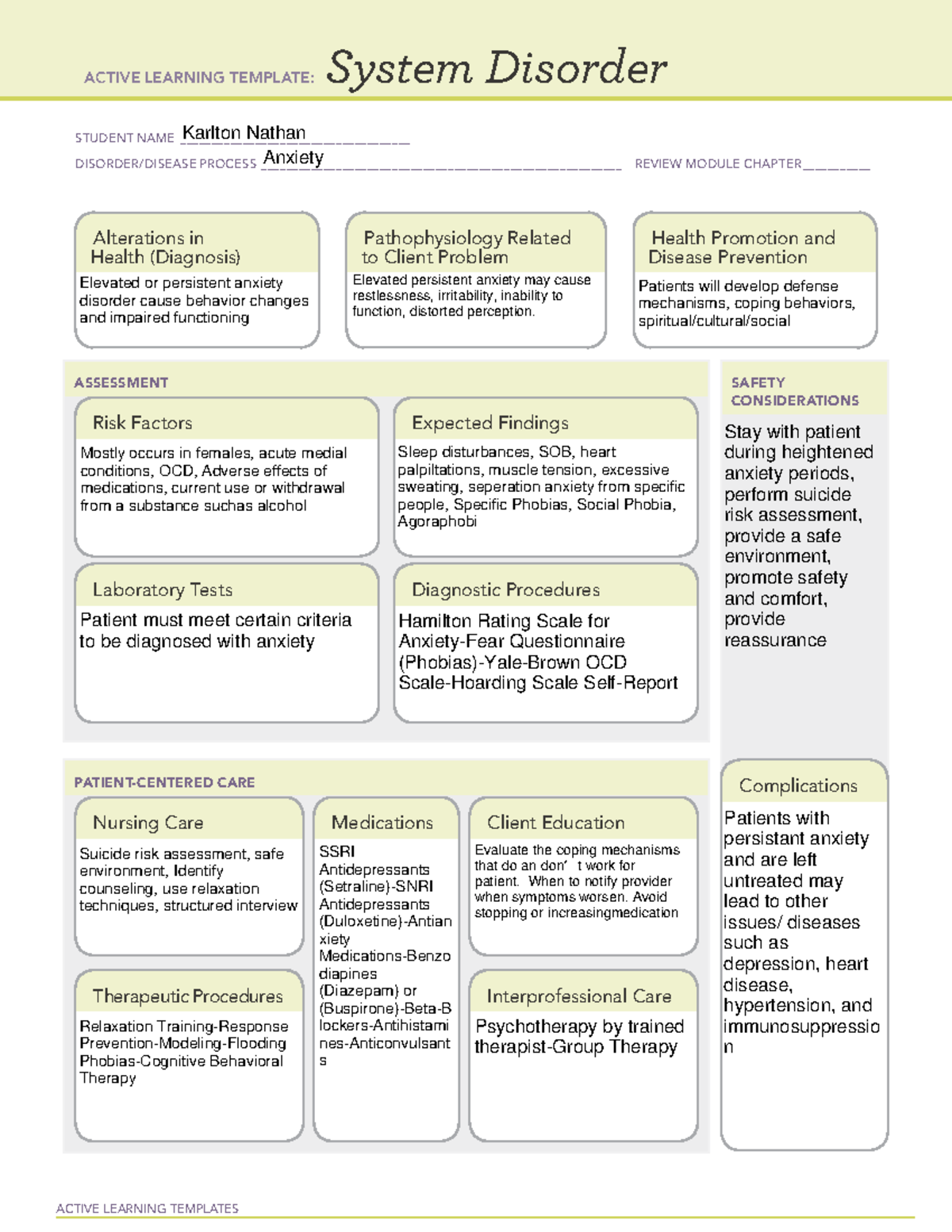 Anxietydisorder - Ati system sheet - ACTIVE LEARNING TEMPLATES System ...