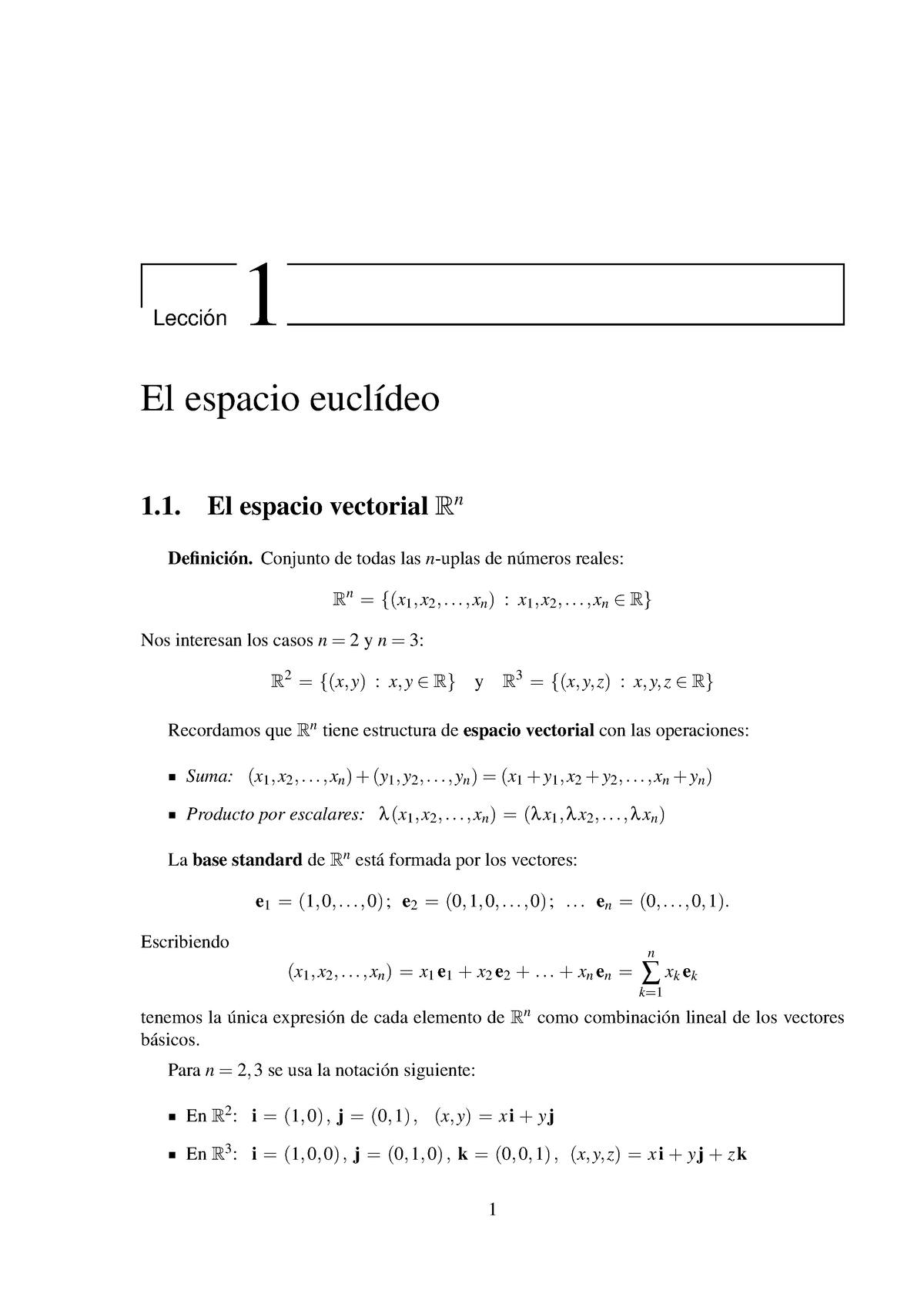 Nociones Básicas Sobre El Espacio Euclídeo Lecci ́on 1 El Espacio Euclídeo 1 El Espacio 5849