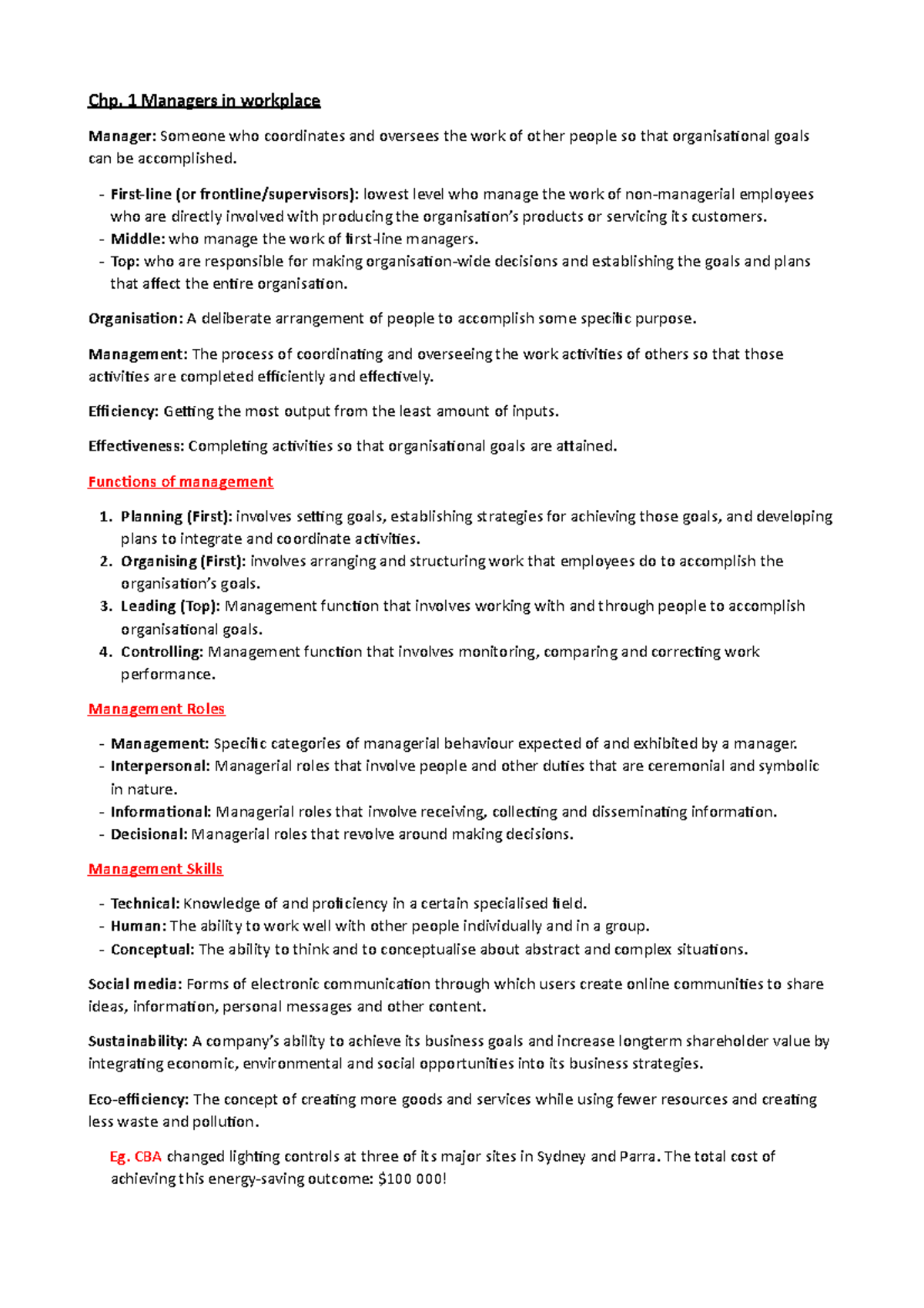 Chapter 1 and 2 Key Terms - Chp. 1 Managers in workplace Manager ...