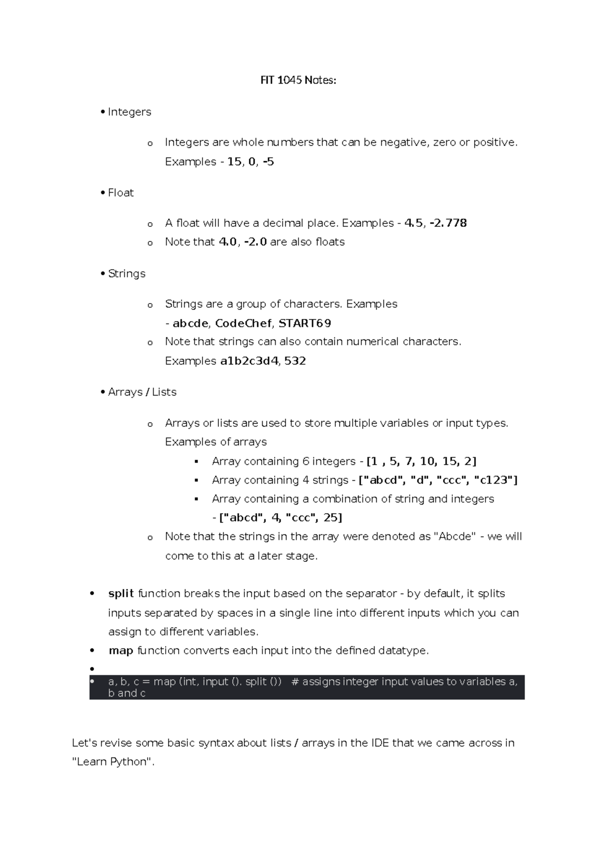 FIT 1045 Notes - FIT 1045 Notes: Integers o Integers are whole numbers ...