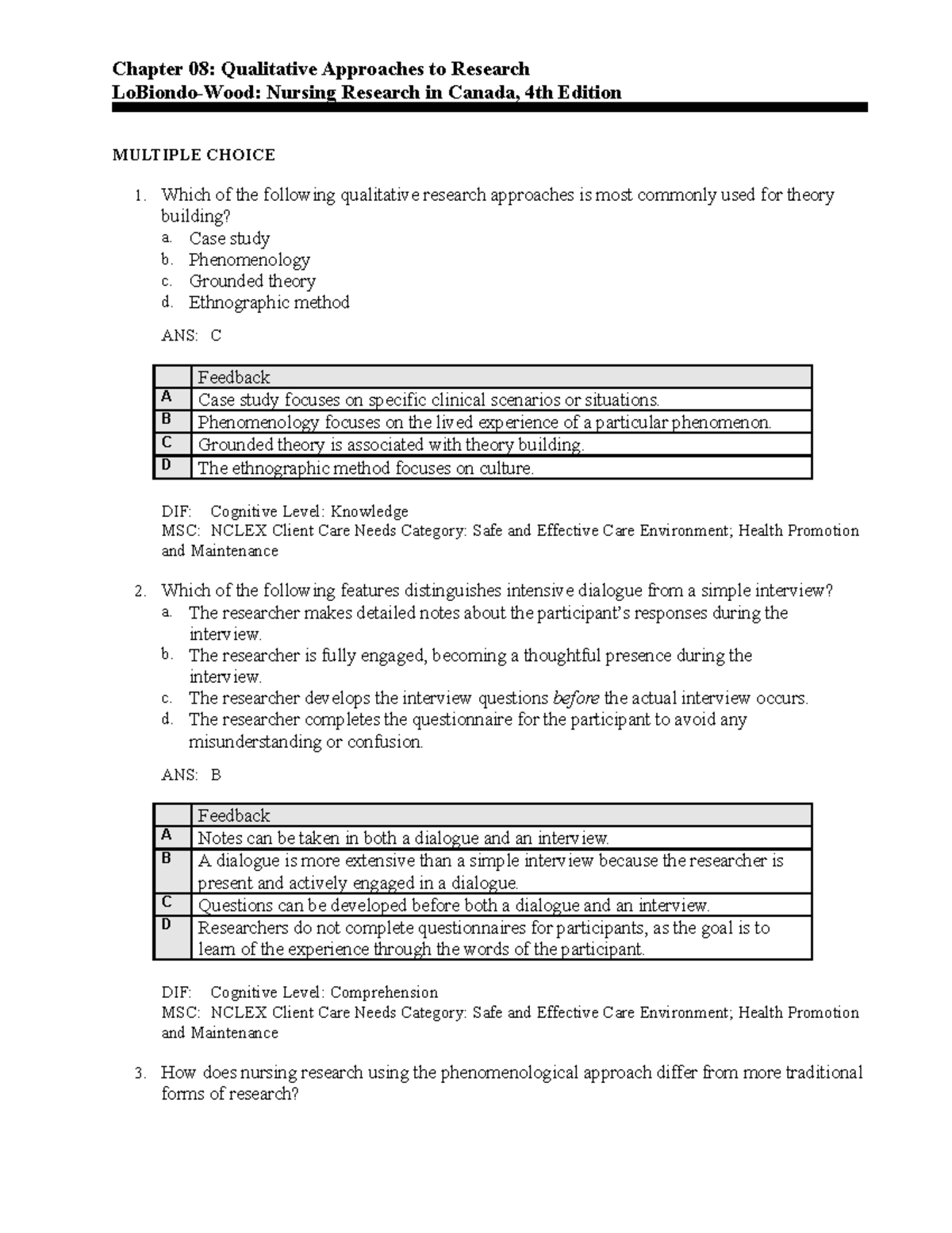 Chapter 8 - Nurs 205 test bank - Chapter 08: Qualitative Approaches to ...