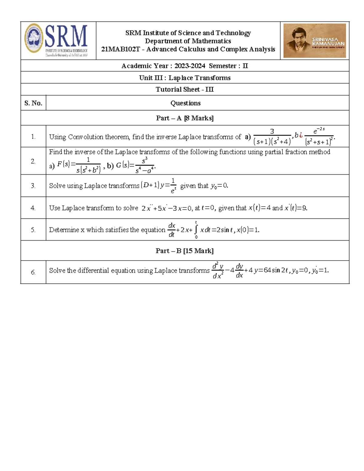 Tutorial 3 Unit3 21MAB102T 202324 SRM Institute of Science and