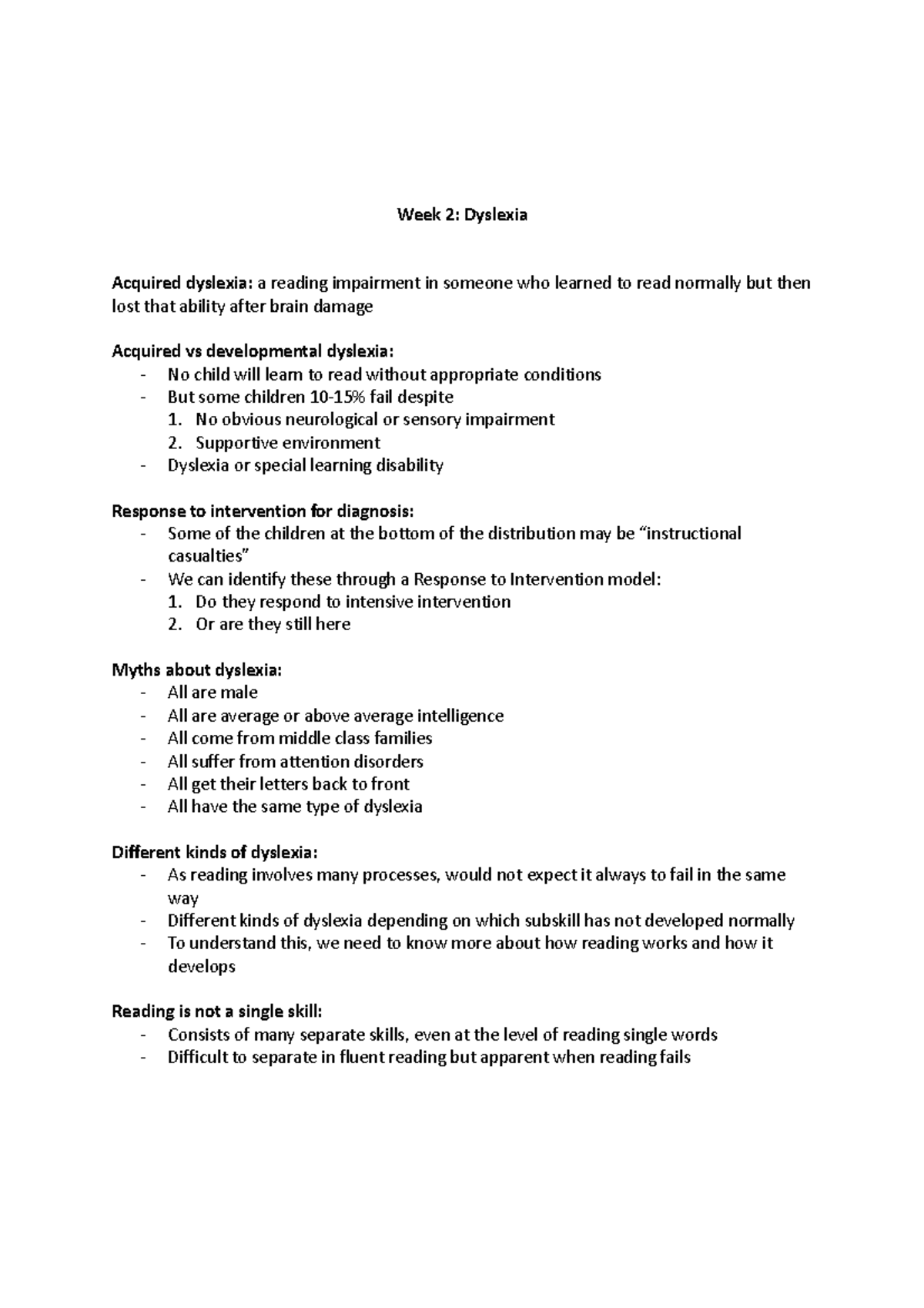Week 2 Dyslexia - Week 2: Dyslexia Acquired dyslexia: a reading ...
