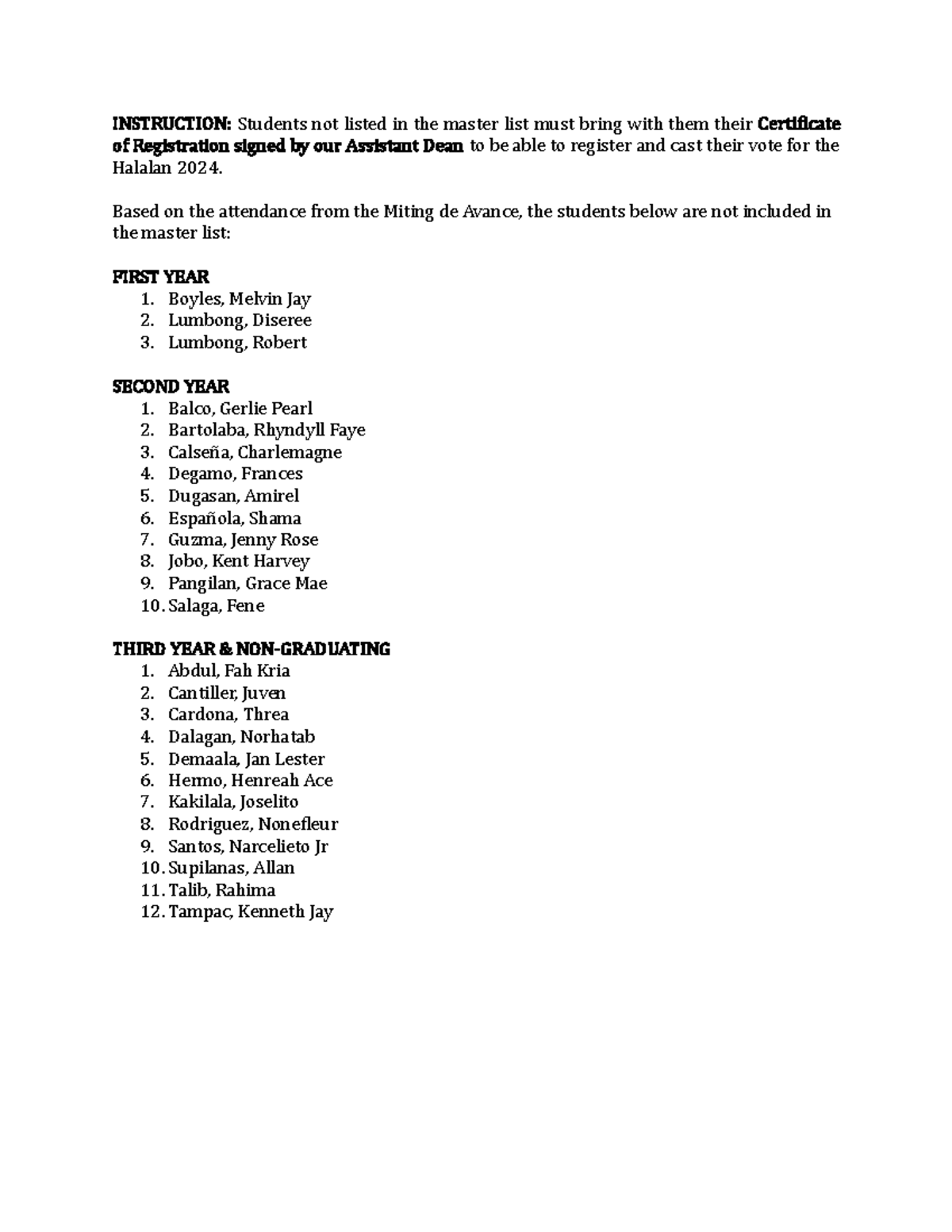 NOT Included IN THE Masterlist - INSTRUCTION: Students not listed in ...