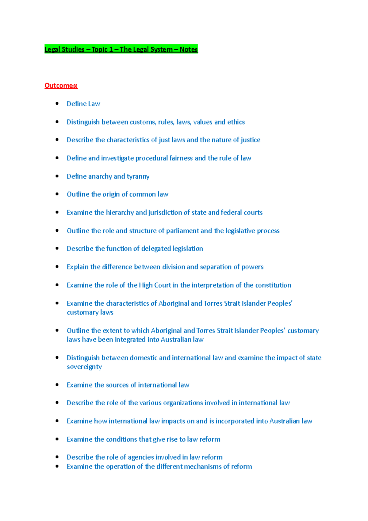 Legal Studies - Topic 1 - The Legal System - Notes - Legal Studies ...