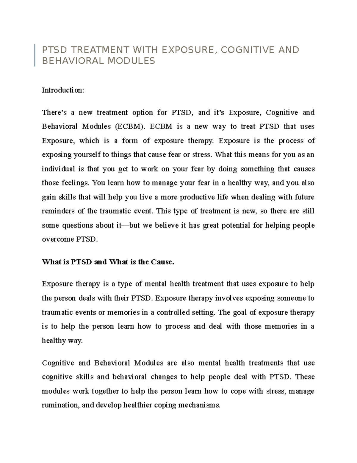 PTSD Treatment WITH Exposure, Cognitive AND Behavioral Modules - PTSD ...