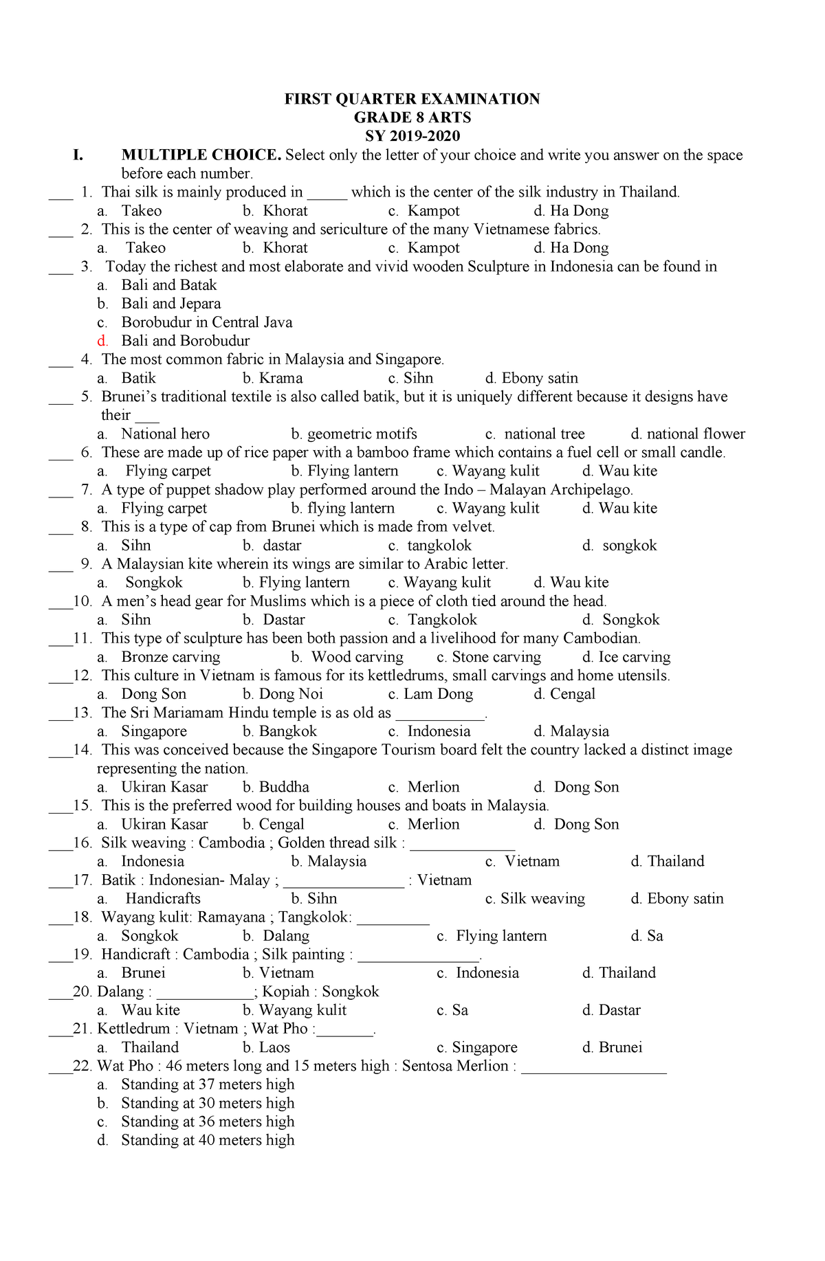 1st Periodic Test - mapeh 8 - FIRST QUARTER EXAMINATION GRADE 8 ARTS SY ...