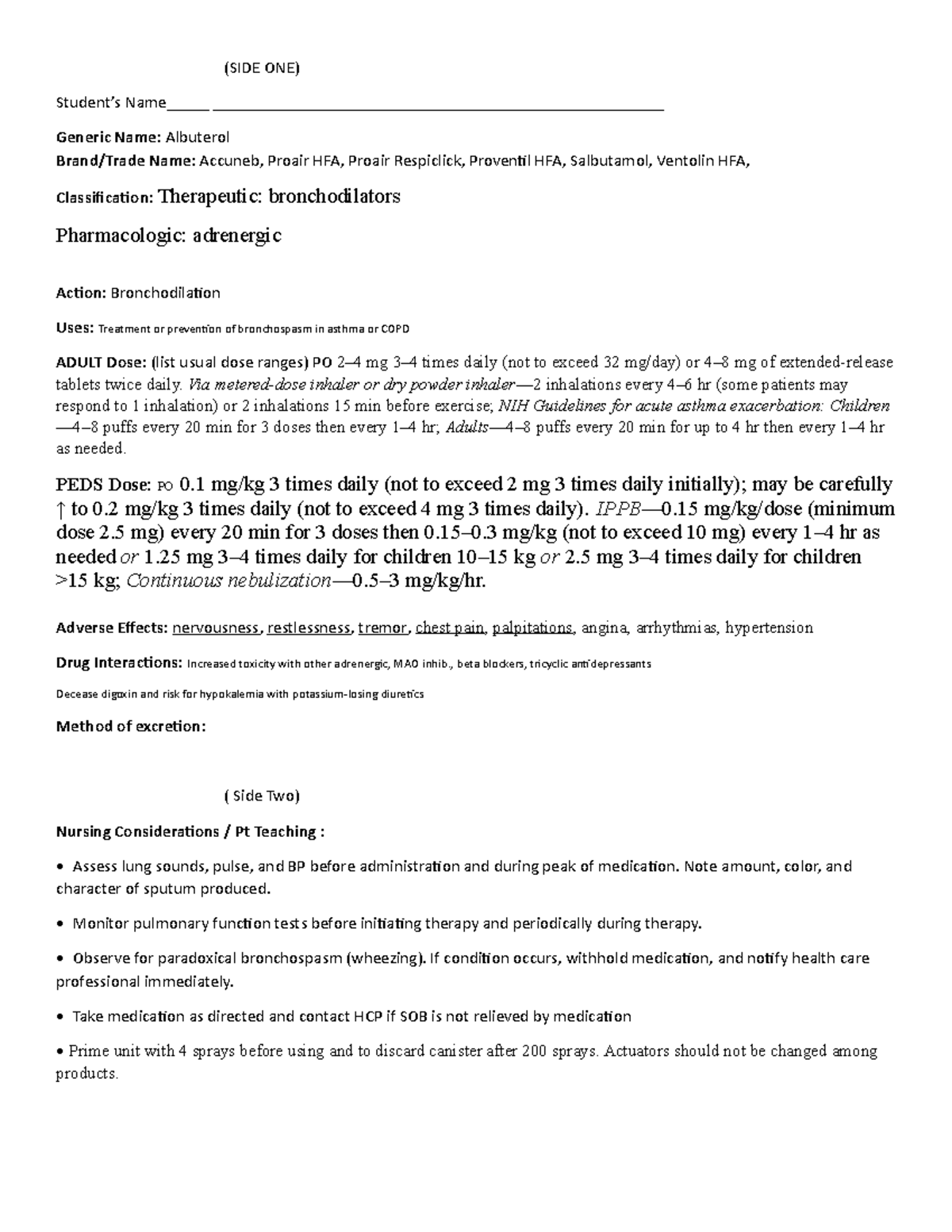 Albuterol Medication card (SIDE ONE) Student’s Name_____ Studocu