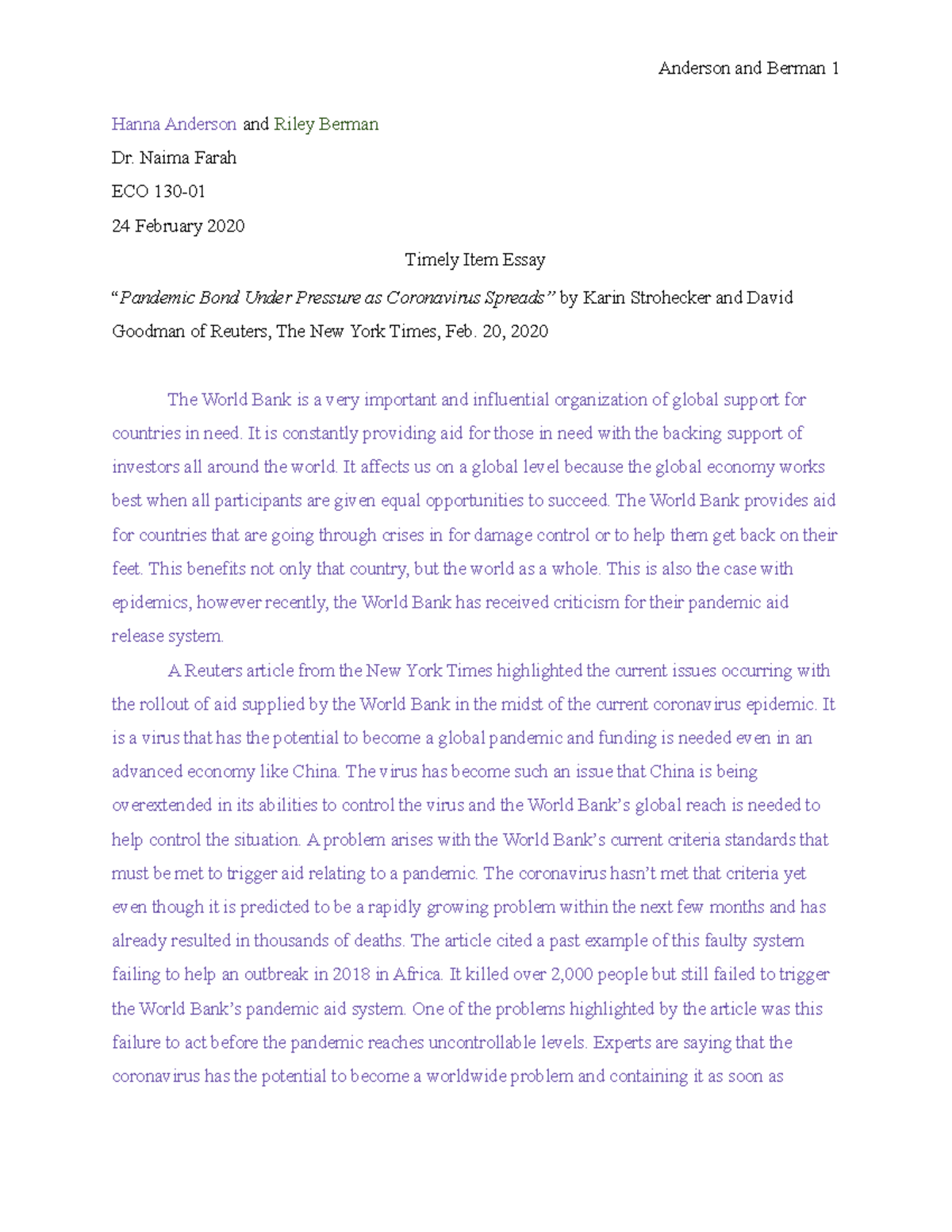Eco Global - Timely Item Assignment Essay - Hanna Anderson and Riley ...