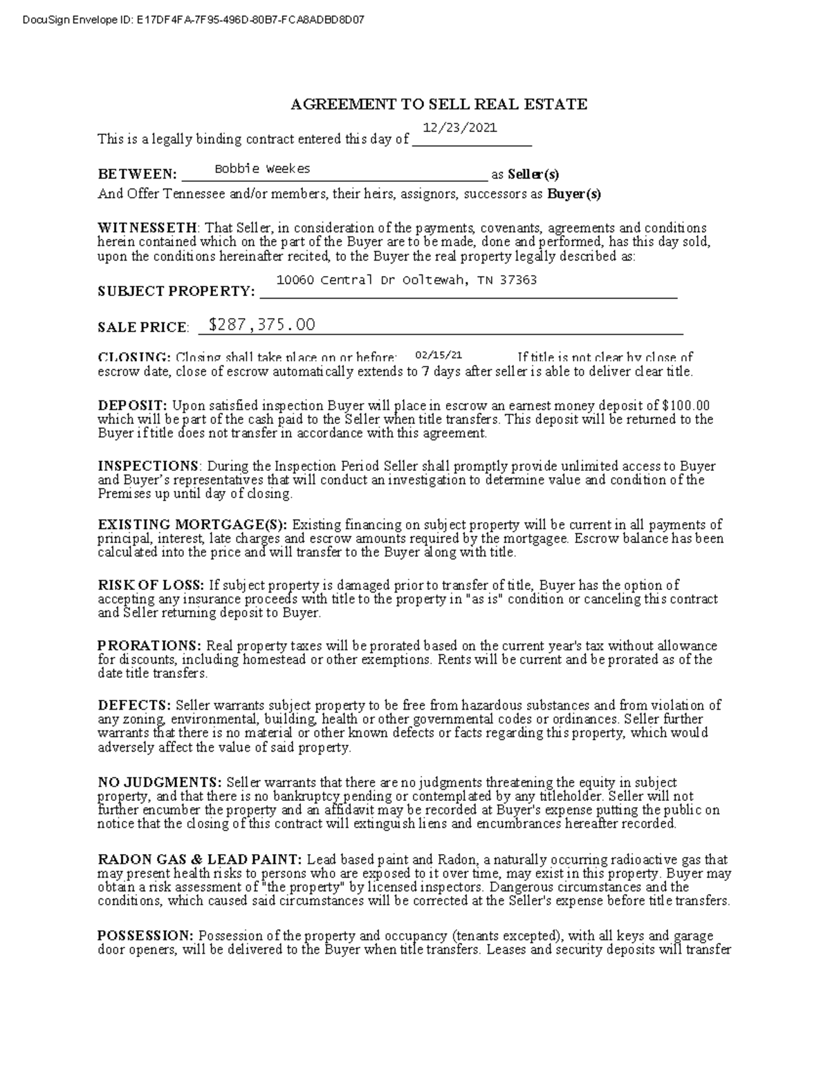 (Seller) Sales Agreement Main (1).docx AGREEMENT TO SELL REAL ESTATE This is a legally binding