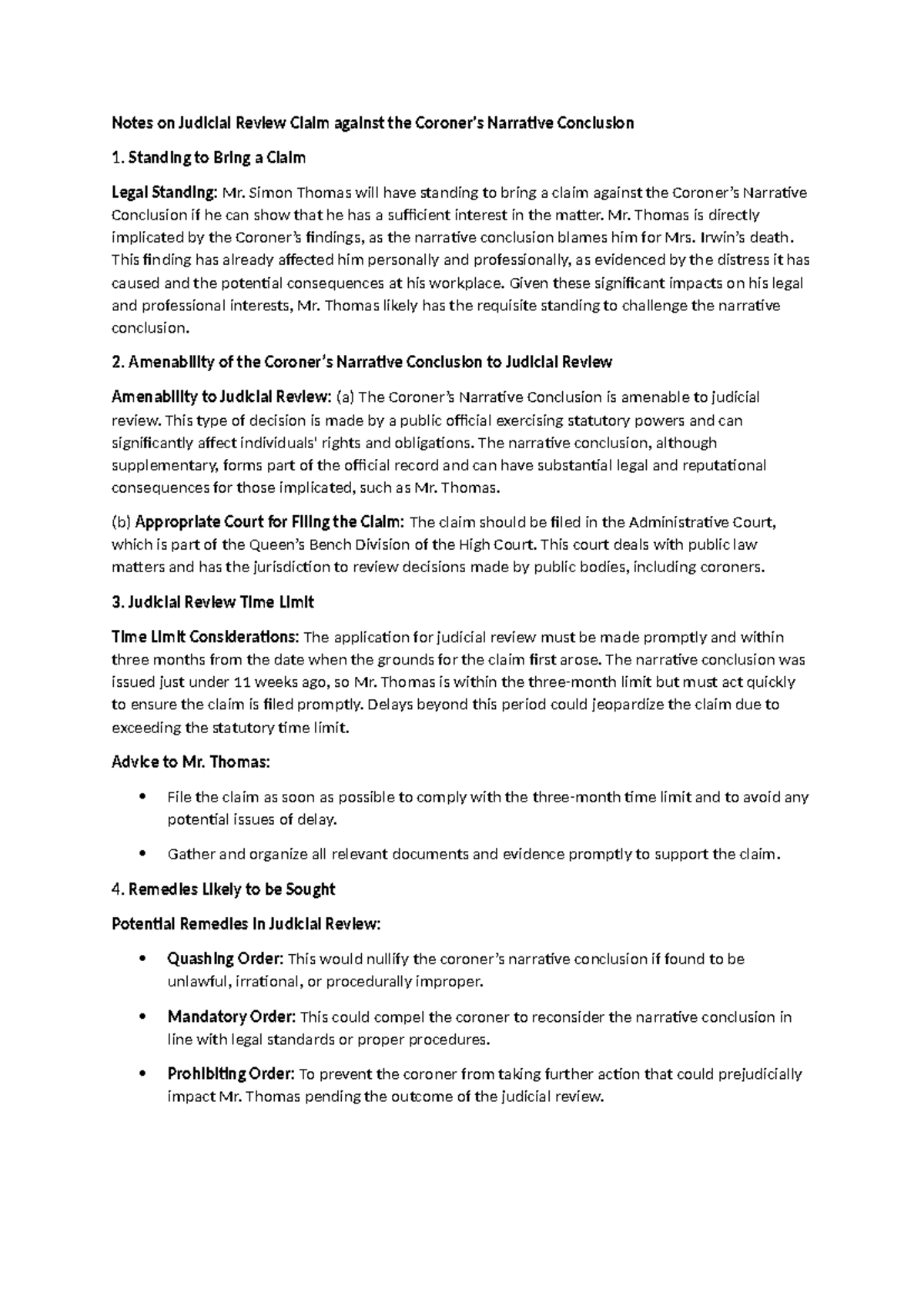 Notes on Judicial Review Claim against the Coroner Public Law II VPE ...
