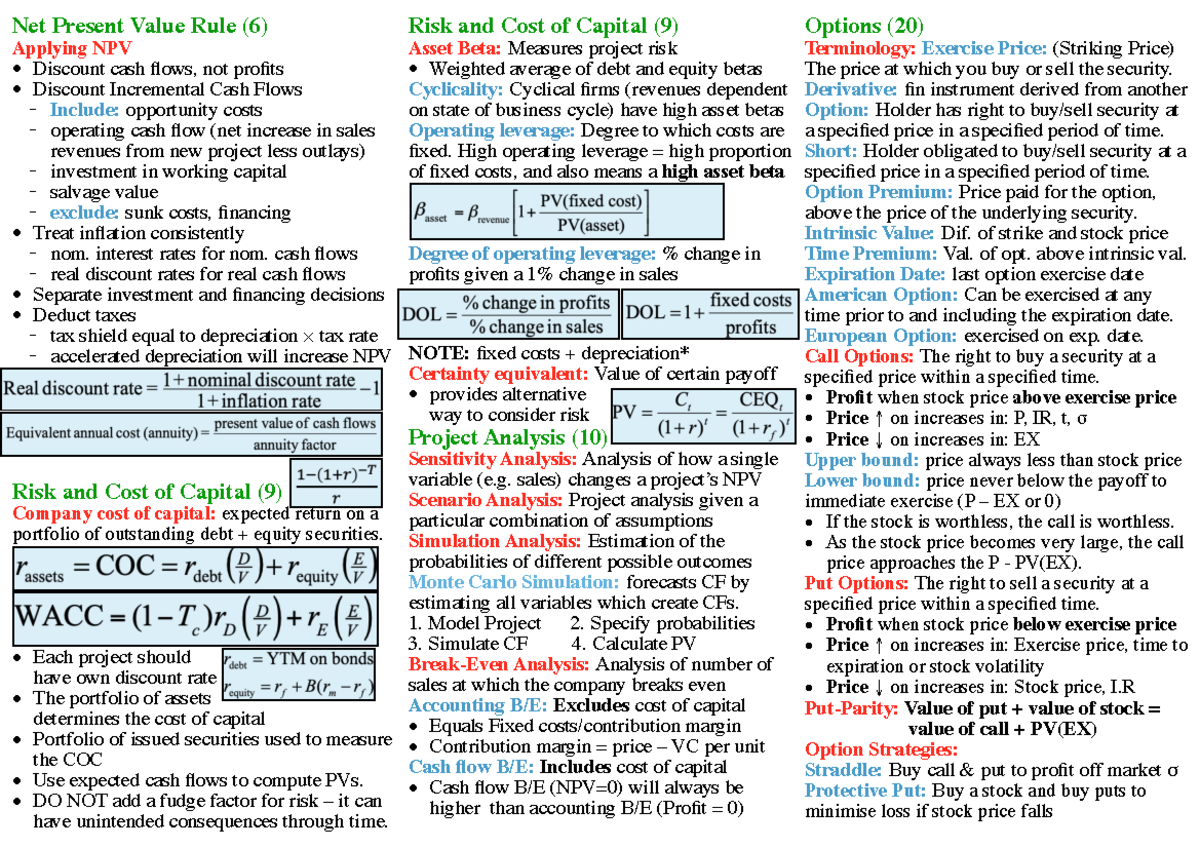 FINC2012 Summary Sheet - Net Present Value Rule (6) Applying NPV ...