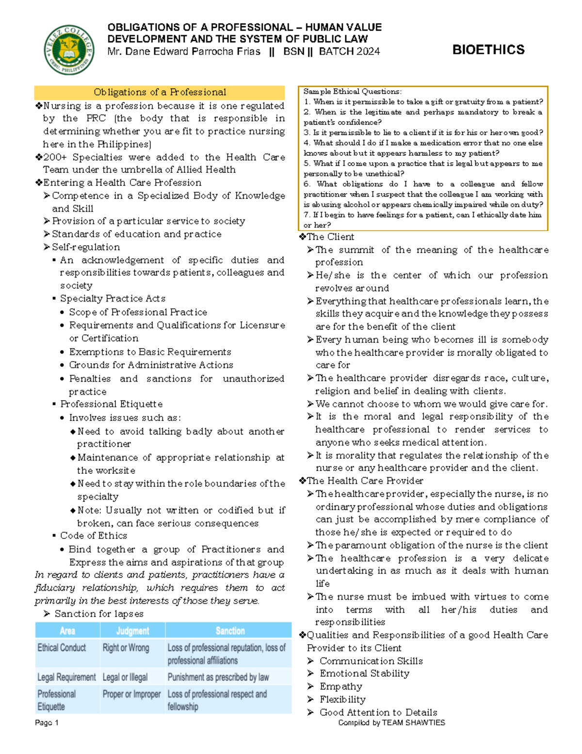 Bioethics Merged Midterms - OBLIGATIONS OF A PROFESSIONAL – HUMAN VALUE ...