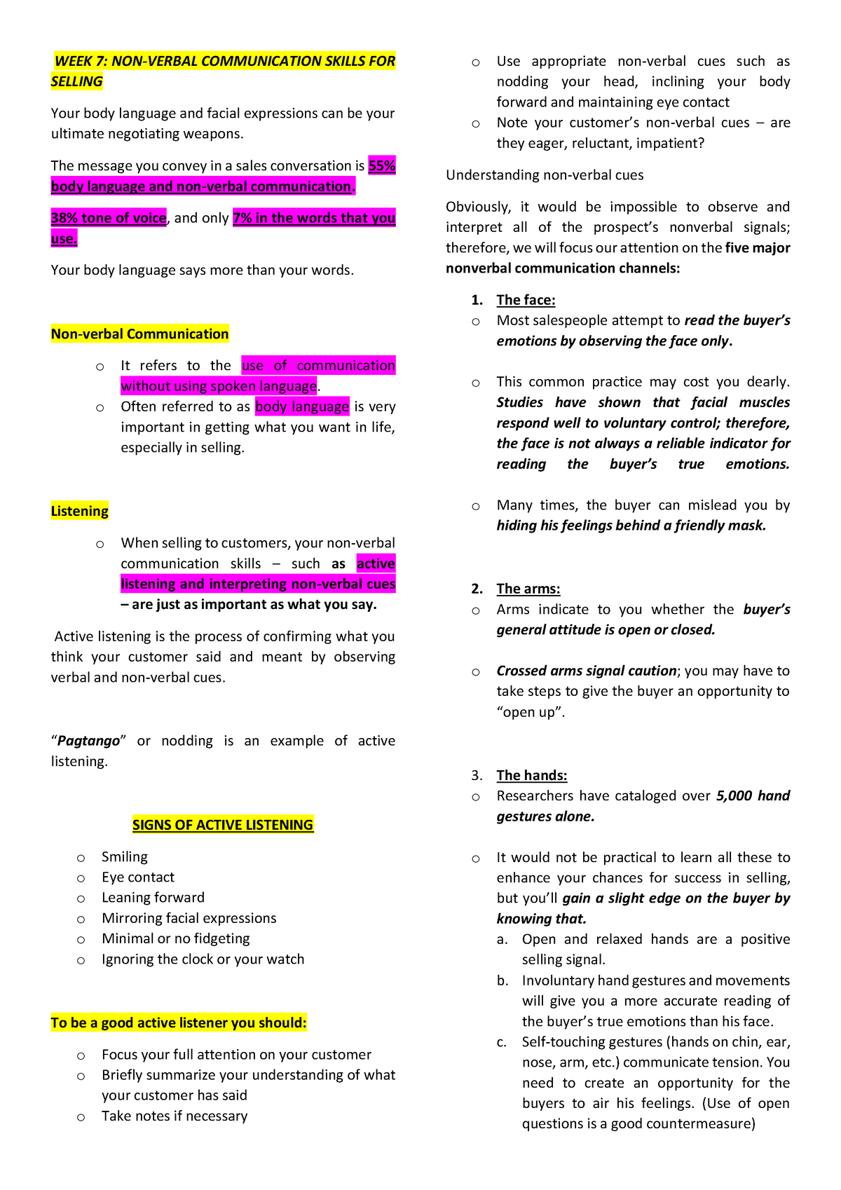 MKTG Midterm OLFU - WEEK 7: NON-VERBAL COMMUNICATION SKILLS FOR SELLING ...