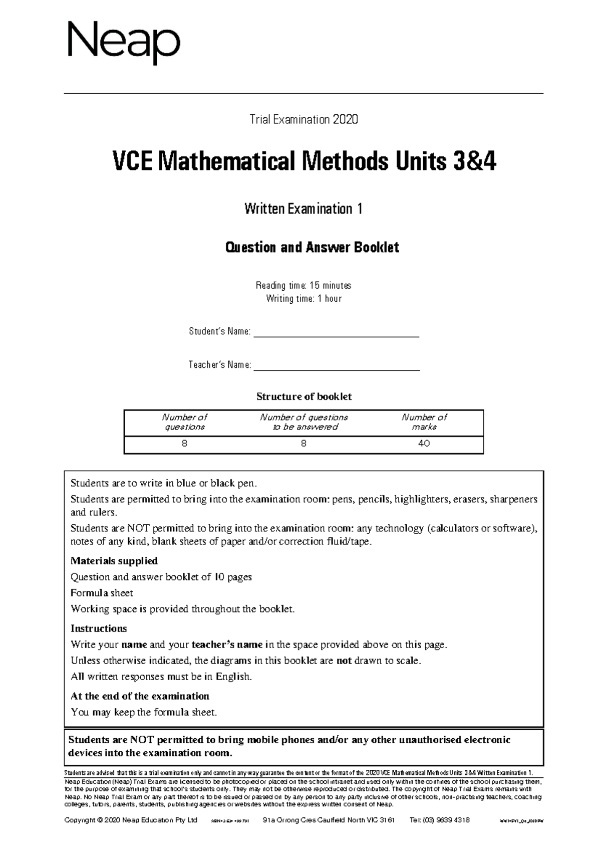 Maths Methods Units 3&4 Exam 1 Question and Answer Booklet 2020 - Neap ...