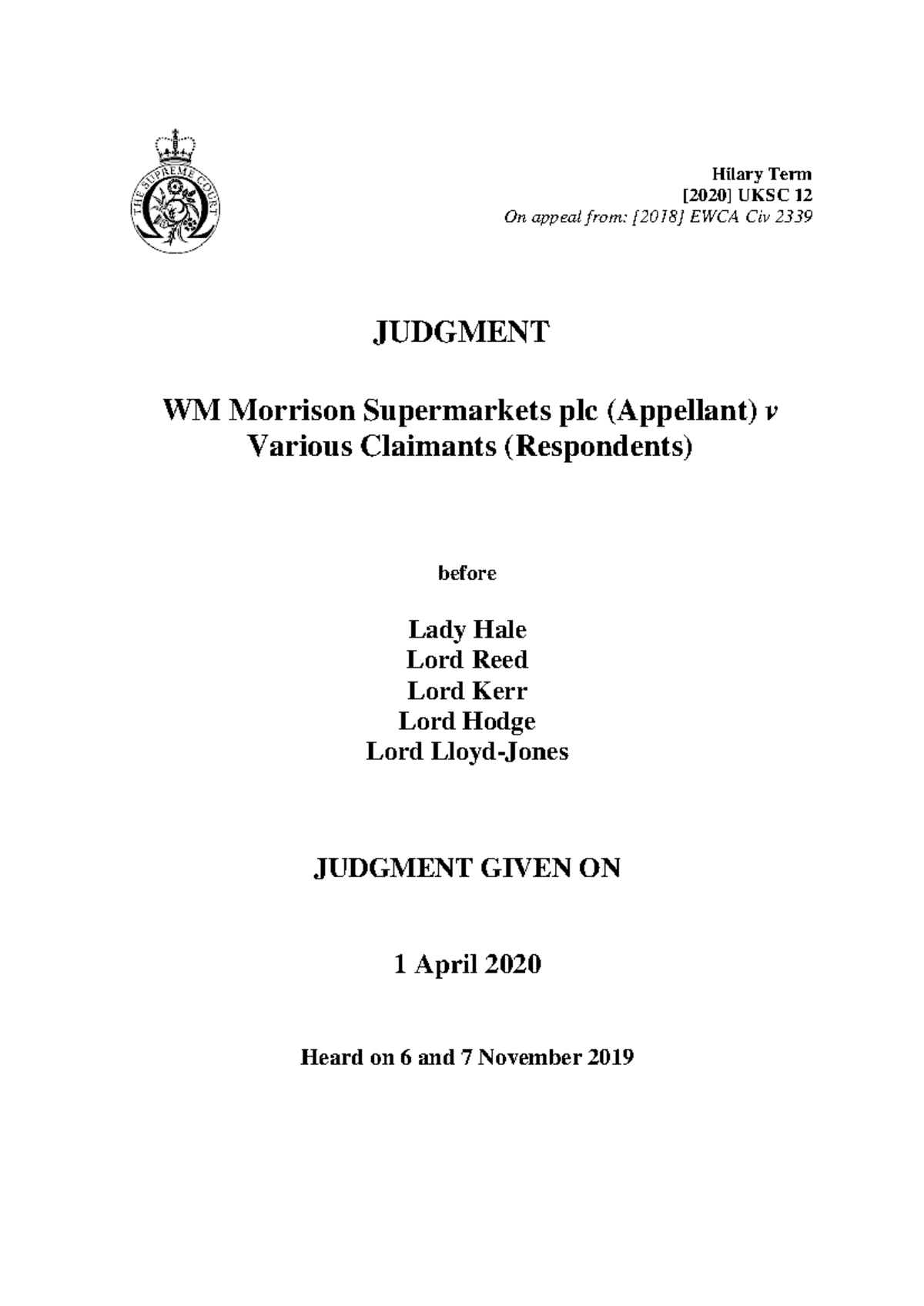 WM Morrison Supermarkets plc v Various Claimants [2020] UKSC 12