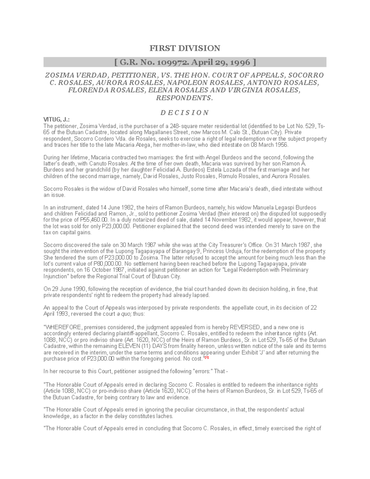 Legal Redemption Supreme Court Case FIRST DIVISION [ G. No. 109972. April 29, 1996 ] ZOSIMA