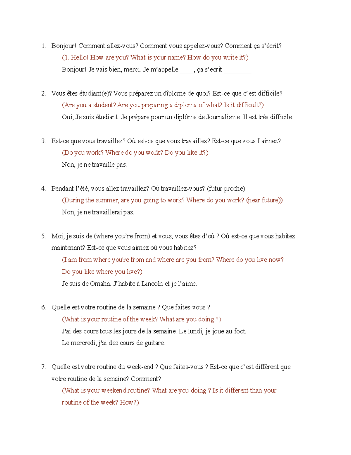 Exit Interview practice - Bonjour! Comment allez-vous? Comment vous ...