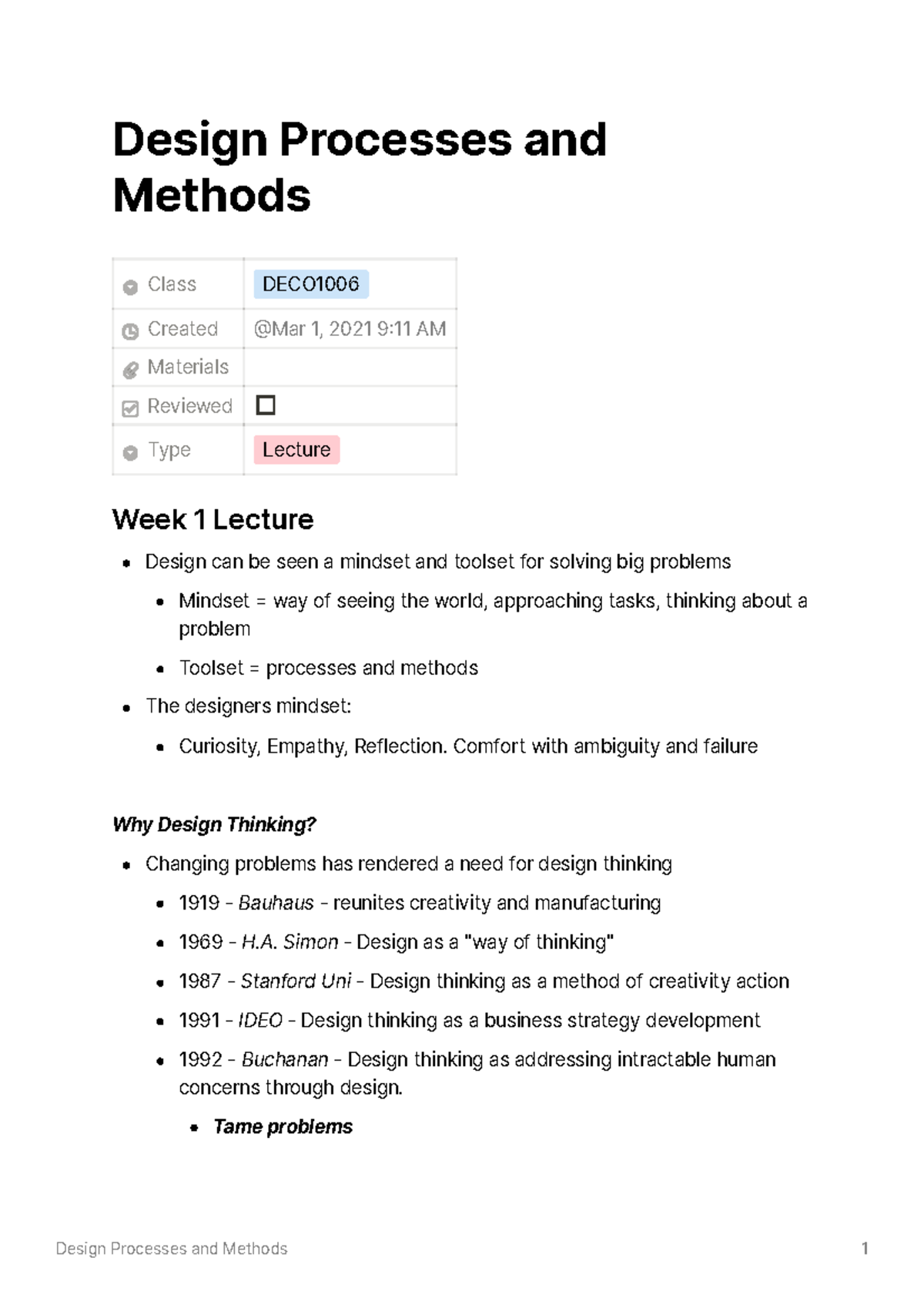DECO1006 Midsem Notes - Design Processes and Methods Class DECO Created ...