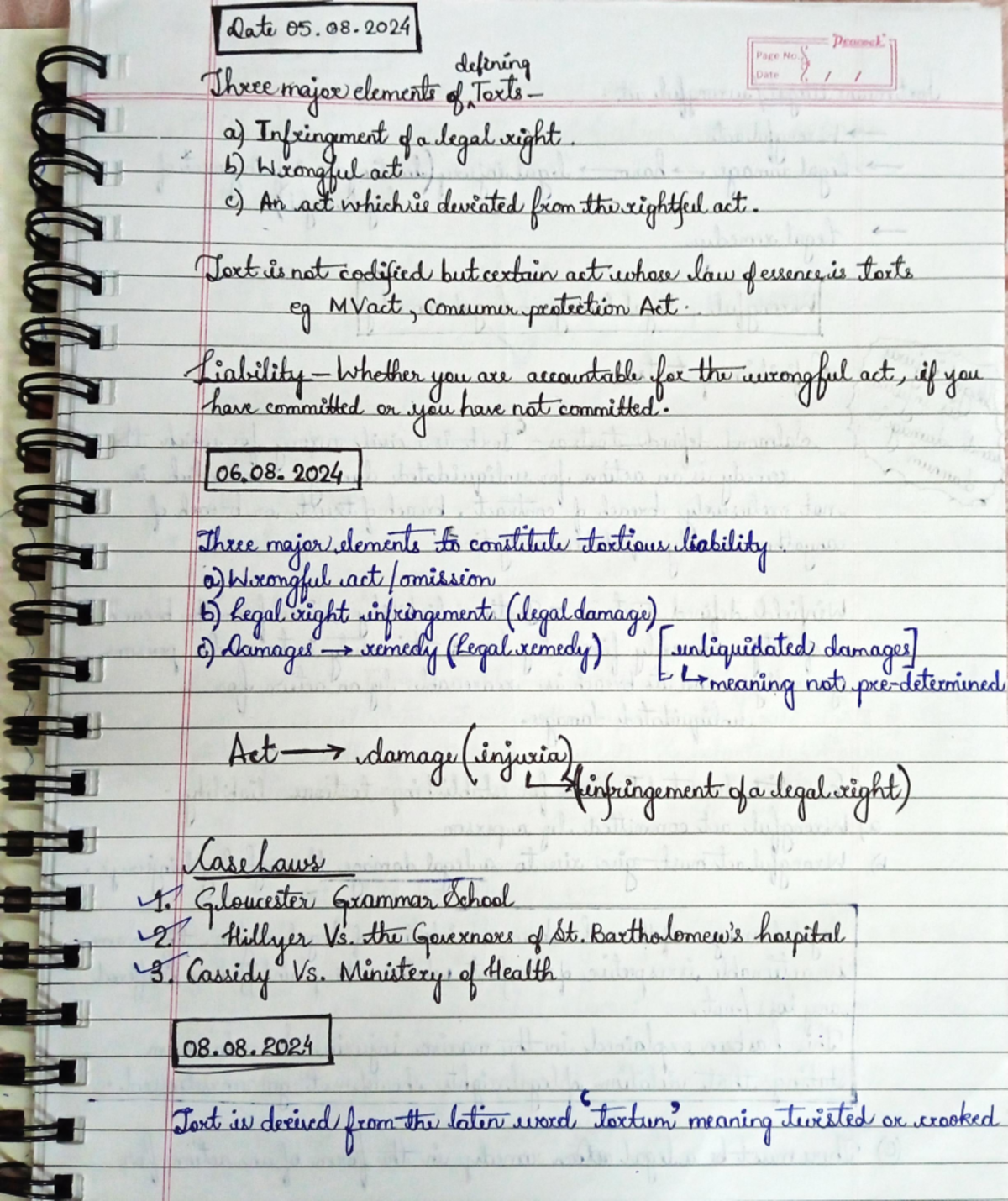 Law of Torts Date 05.08 defining Page No s Three major elements of
