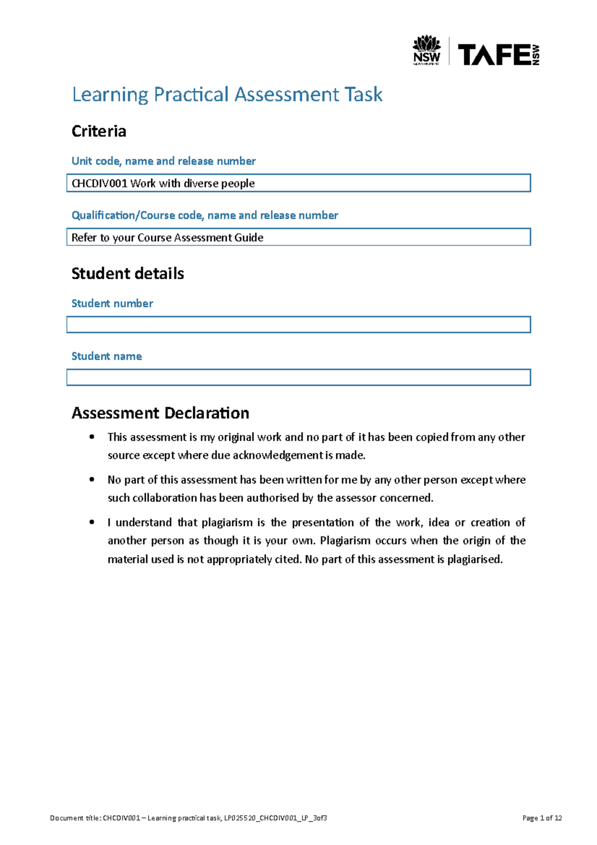 LP025520 Chcdiv 001 LP 3of3 - Learning Practical Assessment Task ...