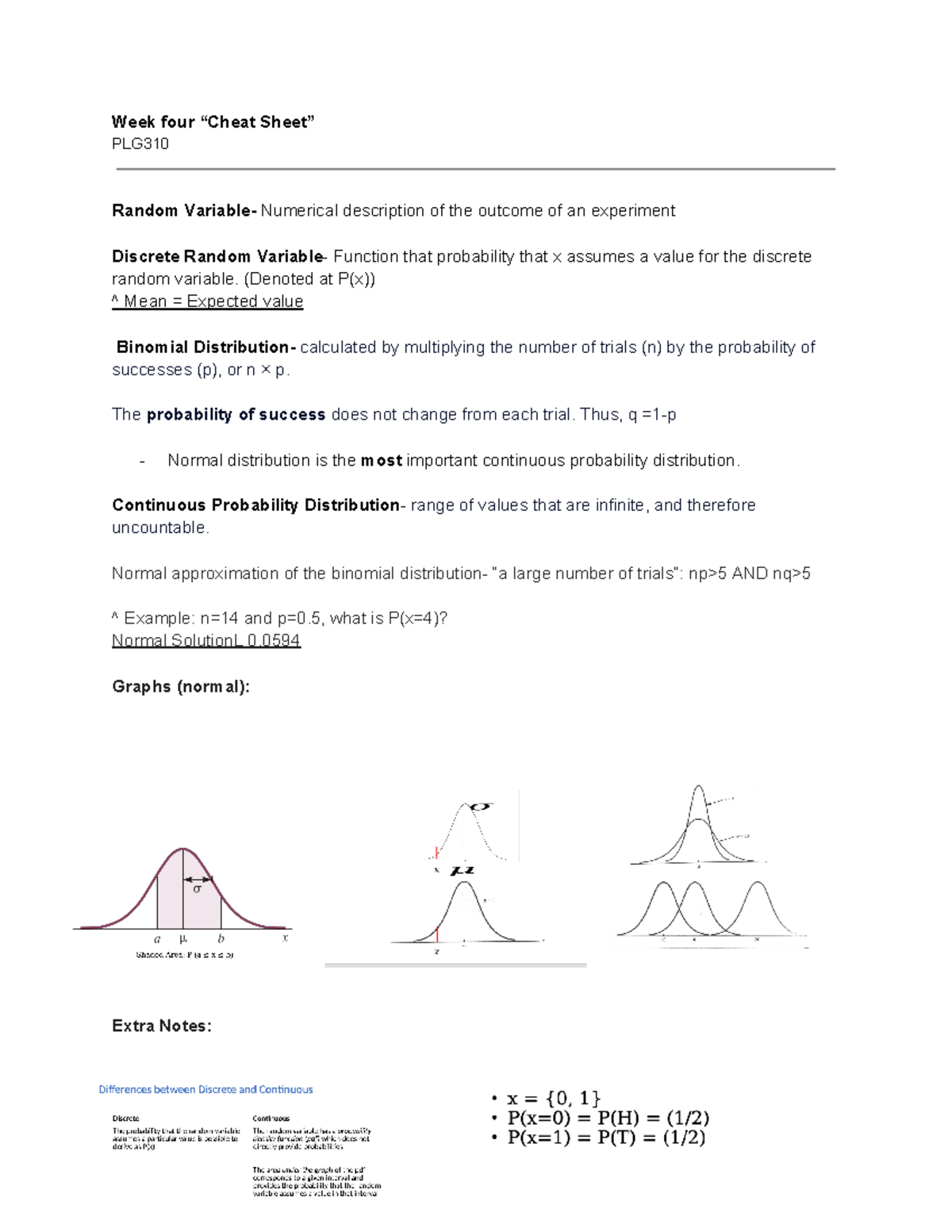 PLG310 week 4 cheat sheet - Week four “Cheat Sheet” PLG Random Variable ...