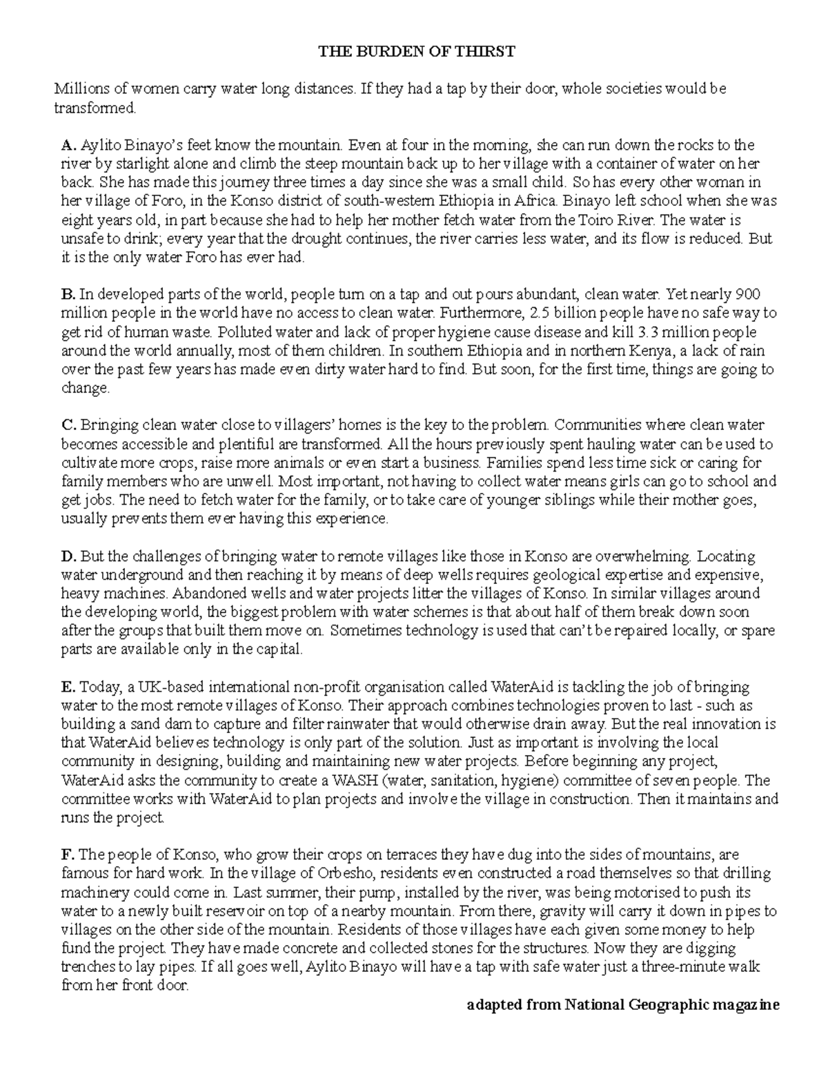 Reading 1. burden of thirst - THE BURDEN OF THIRST Millions of women