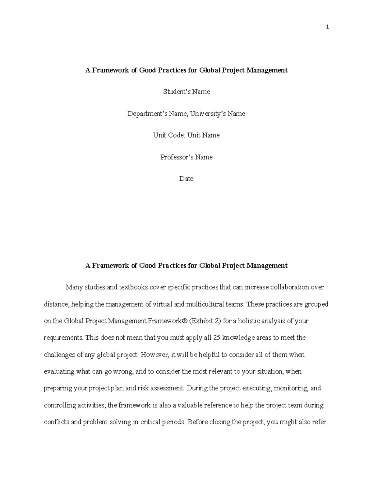 A Framework of Good Practices for Global Project Management - 1 A ...
