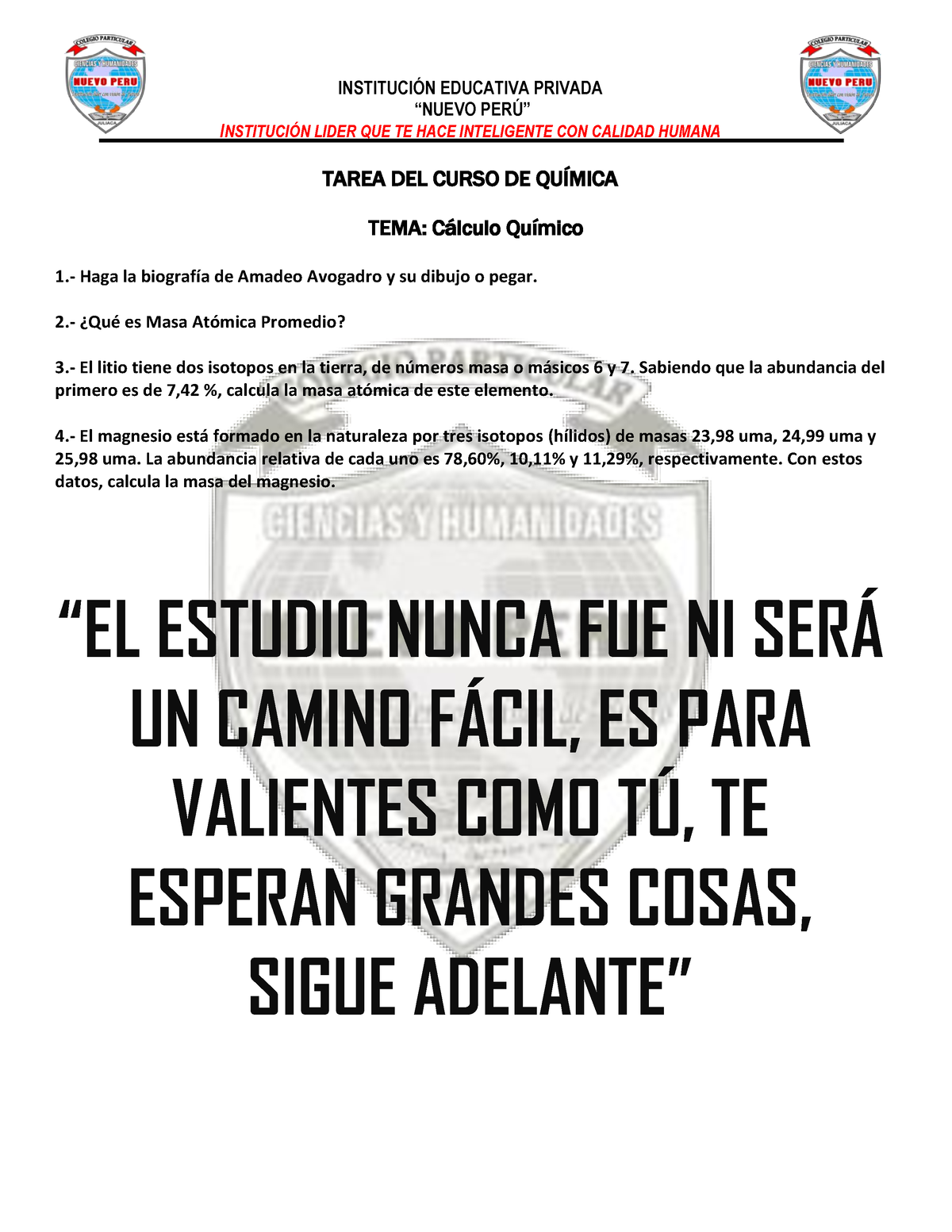 Calculo Quimico - INSTITUCI”N EDUCATIVA PRIVADA “NUEVO PERÚ” INSTITUCI ...