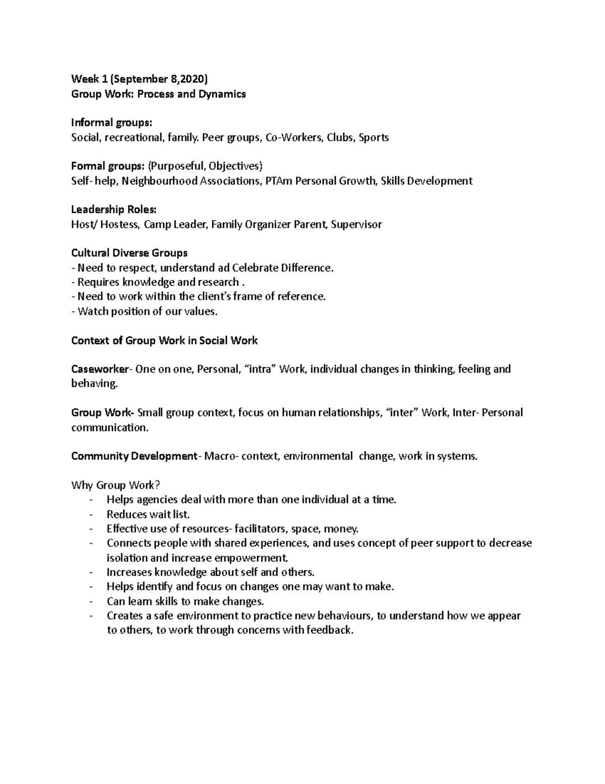 Group Work Process and Dynamics - Week 1 (September 8,2020) Group Work ...