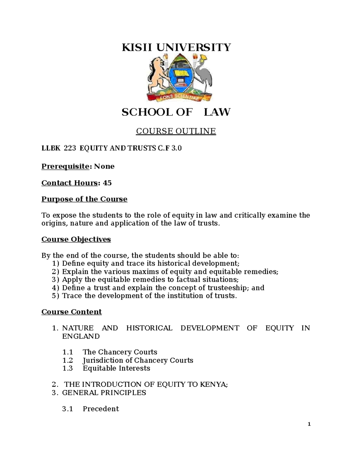 LLBK 223 Equity AND Trusts - KISII UNIVERSITY SCHOOL OF LAW COURSE ...
