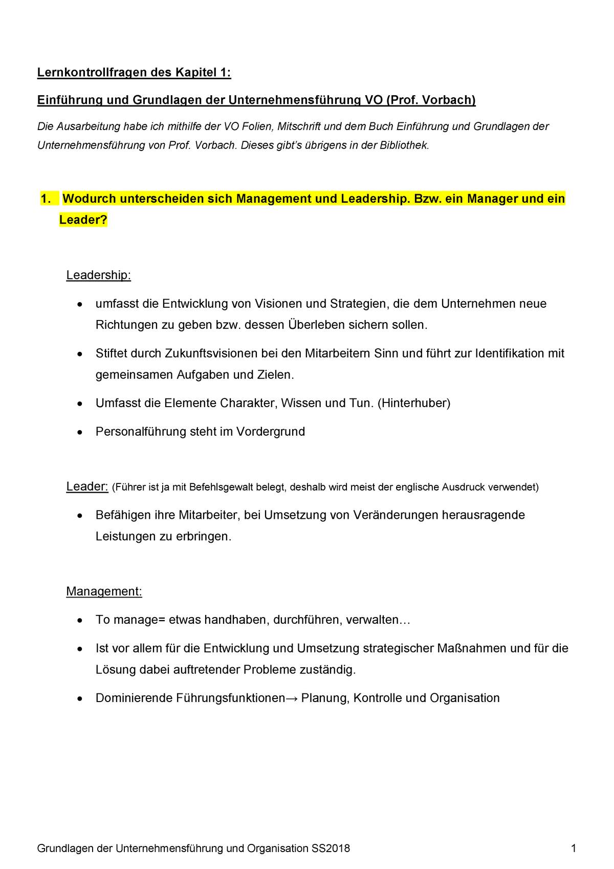 Grundlagen Der Unternehmensführung Und Organisation Kapitel 1 ...