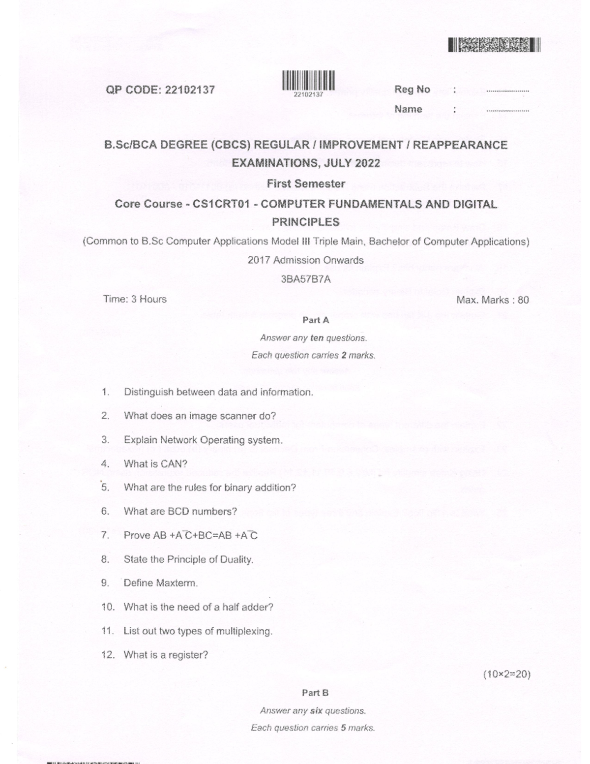 Computer fundamentals qns paper 3 - Bachelor of Computer Applications ...