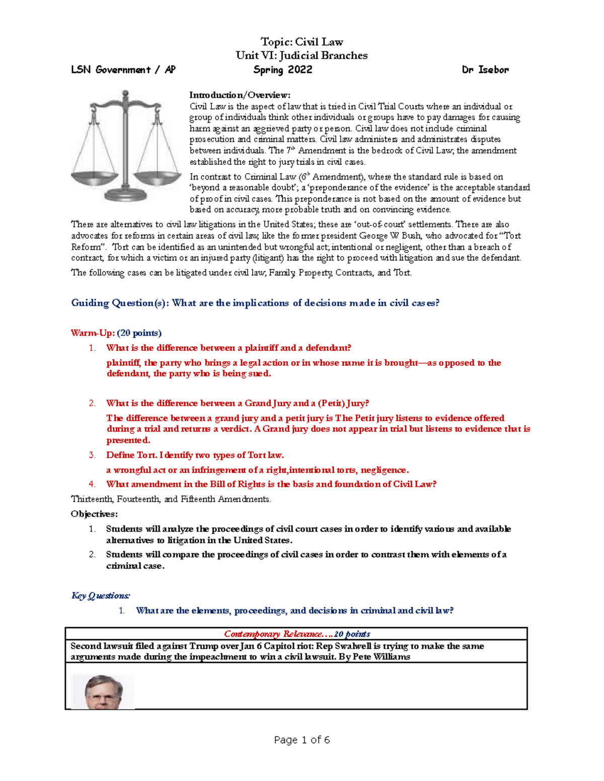 Civil Law-Spring 2022 - Unit VI: Judicial Branches LSN Government / AP ...