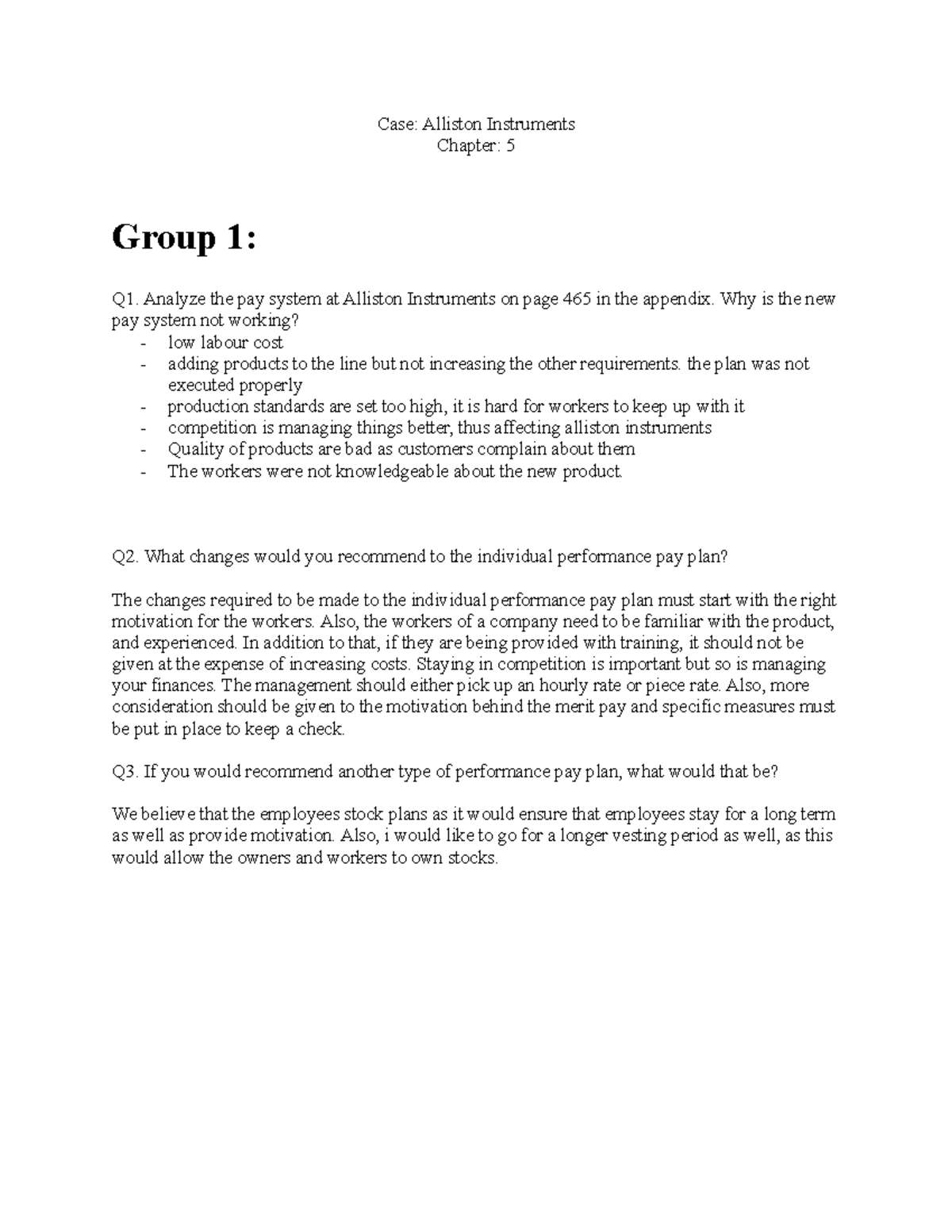 Allison Instruments Case questions - Case: Alliston Instruments Chapter ...
