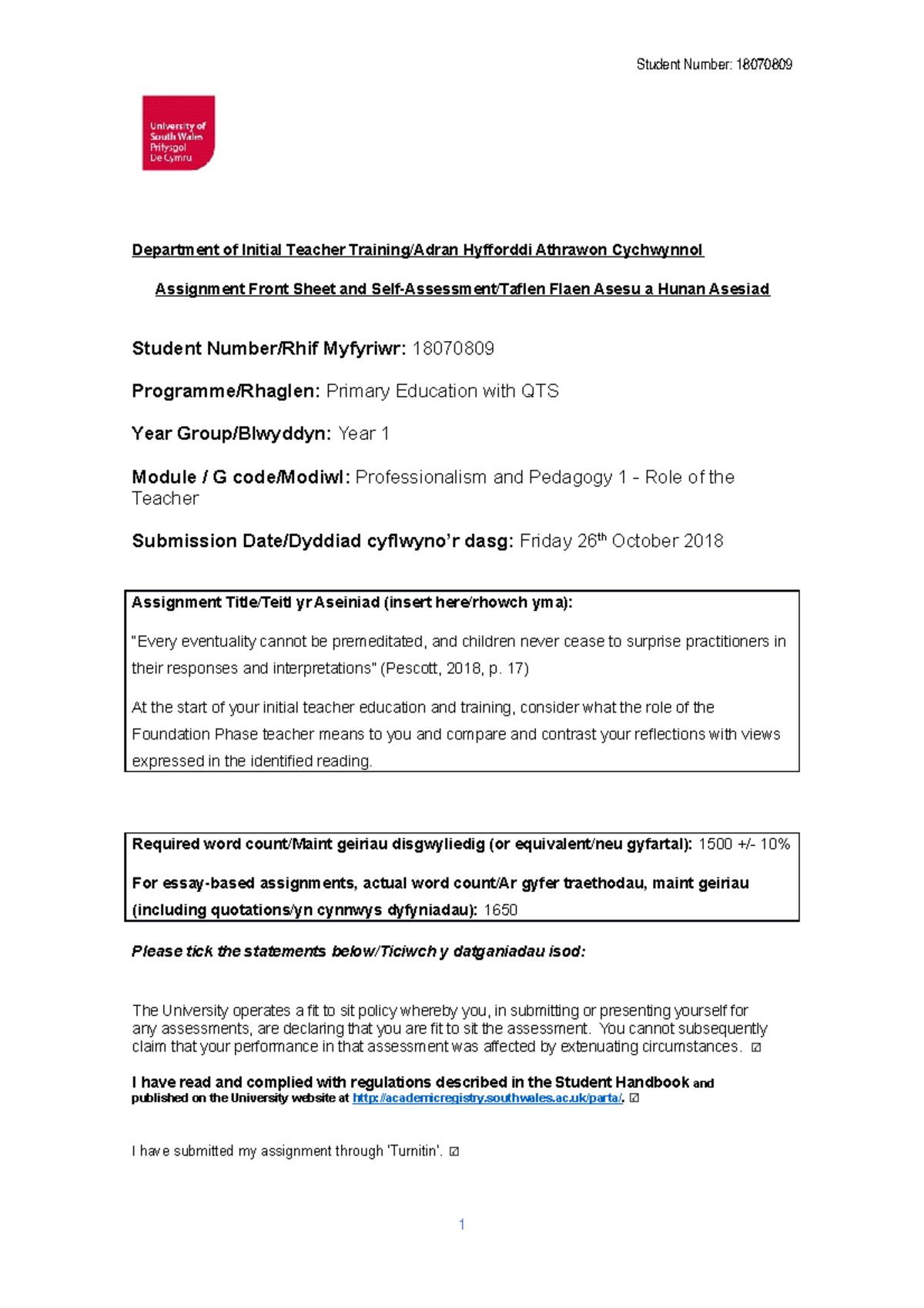 Final Draft Grade A Department of Initial Teacher Training/Adran